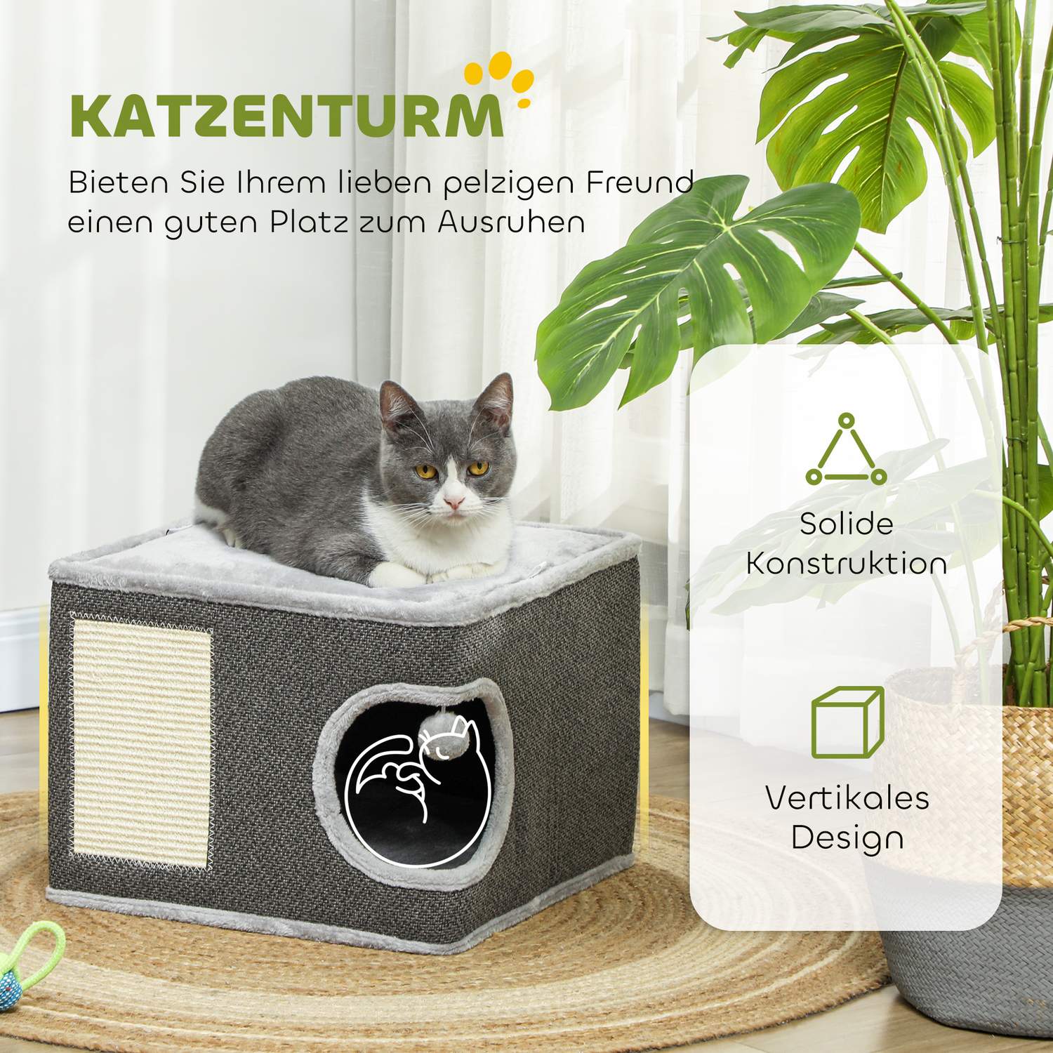 Katttorn med grotta, sisalstolpe & lekboll, 35 cm
