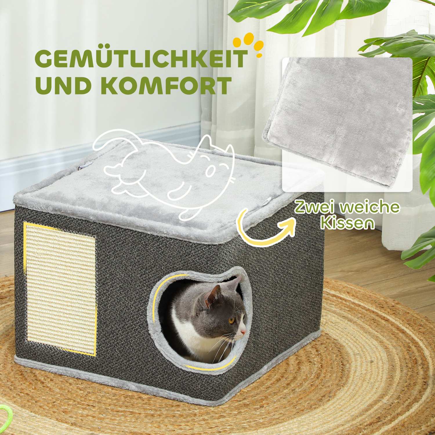 Katttorn med grotta, sisalstolpe & lekboll, 35 cm
