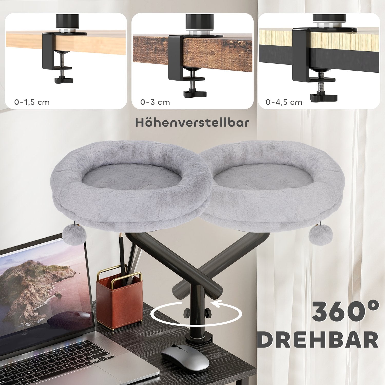 Skrivbordsbädd för katt med 360 graders rotation, justerbar höjd, grå