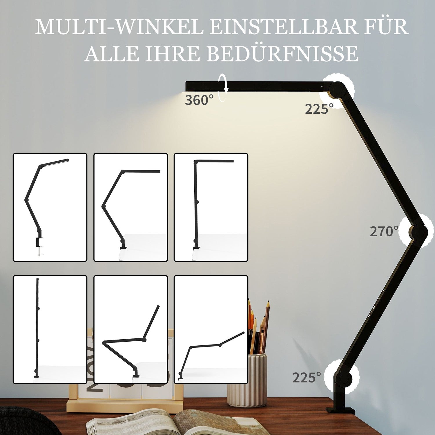 Skrivbordslampa, Justerbar ljusstyrka och färg, Metallklämma