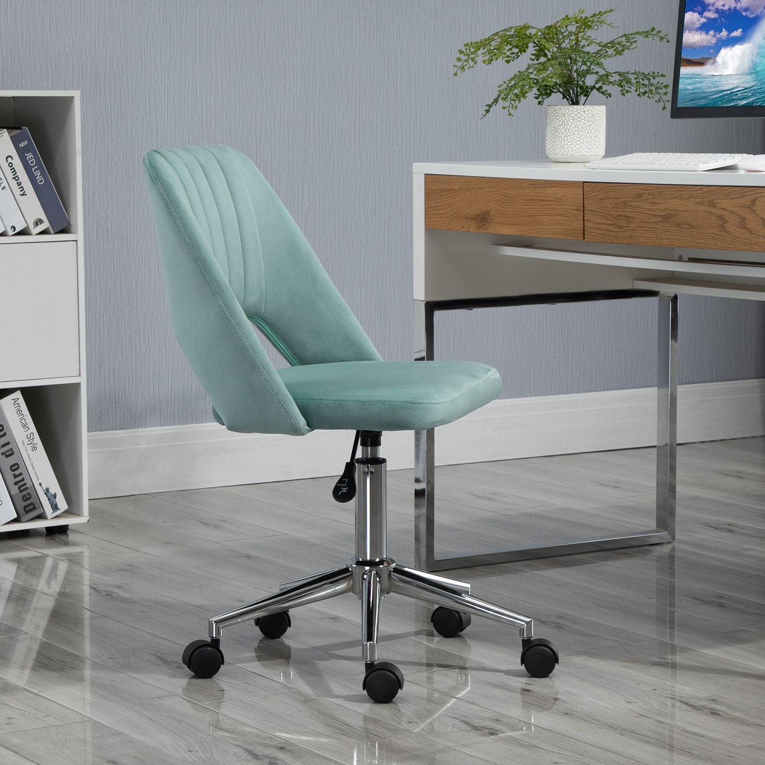 Ergonomisk skrivbordsstol i grön sammet – justerbar, inga armar