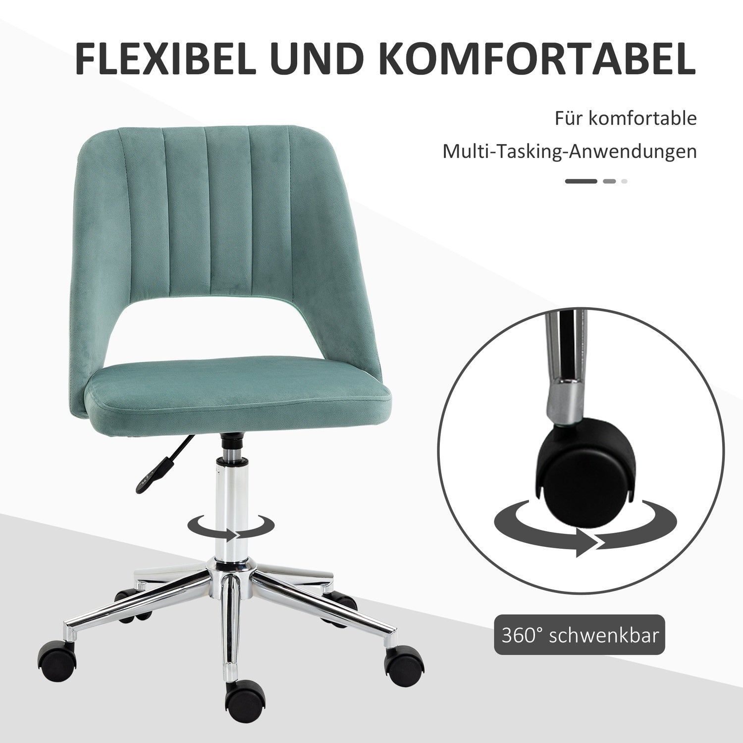 Ergonomisk skrivbordsstol i grön sammet – justerbar, inga armar