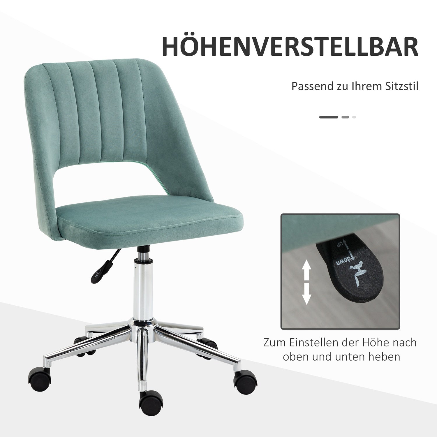 Ergonomisk skrivbordsstol i grön sammet – justerbar, inga armar