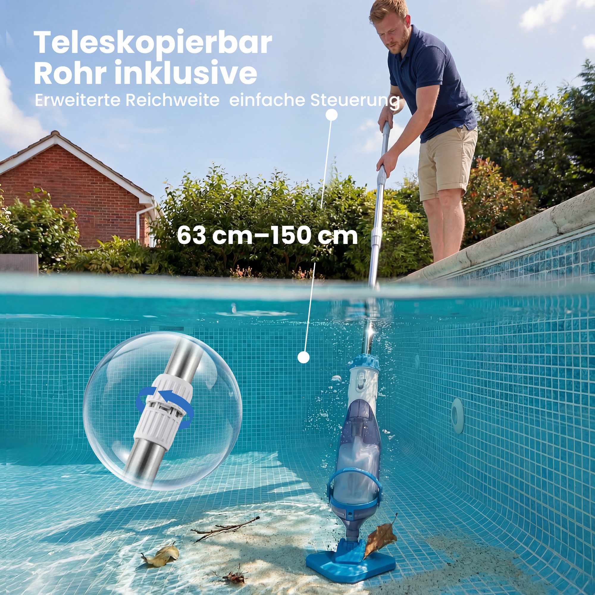 Sladdlös pooldammsugare, 40W motor, teleskopstång