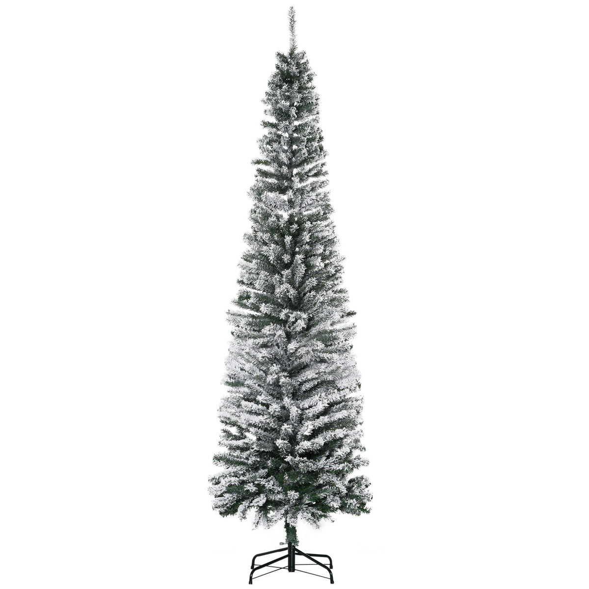 Smal konstgjord julgran med snöig beläggning, 225 cm