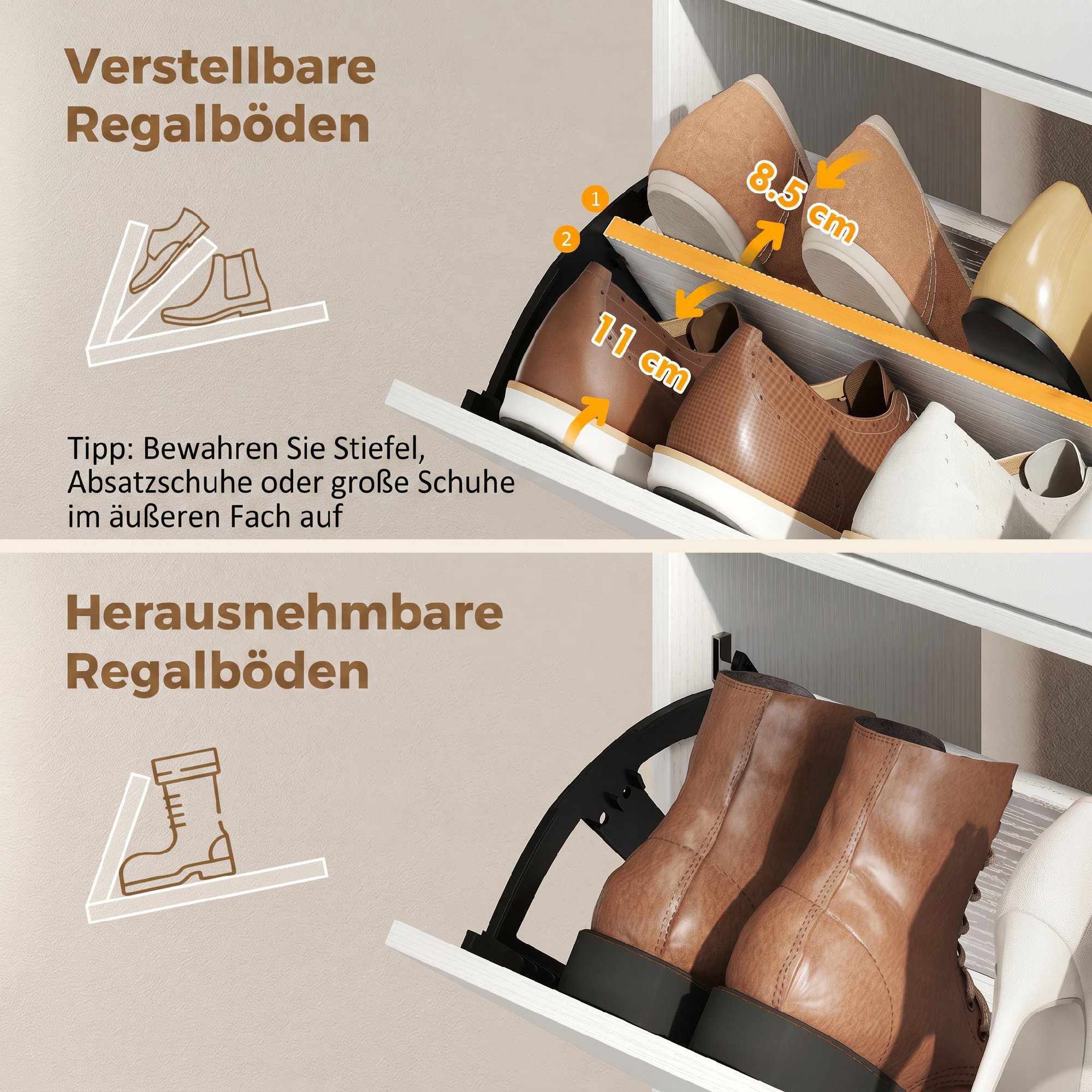 Smal skoskåp med 2 fällbara fack, vit MDF