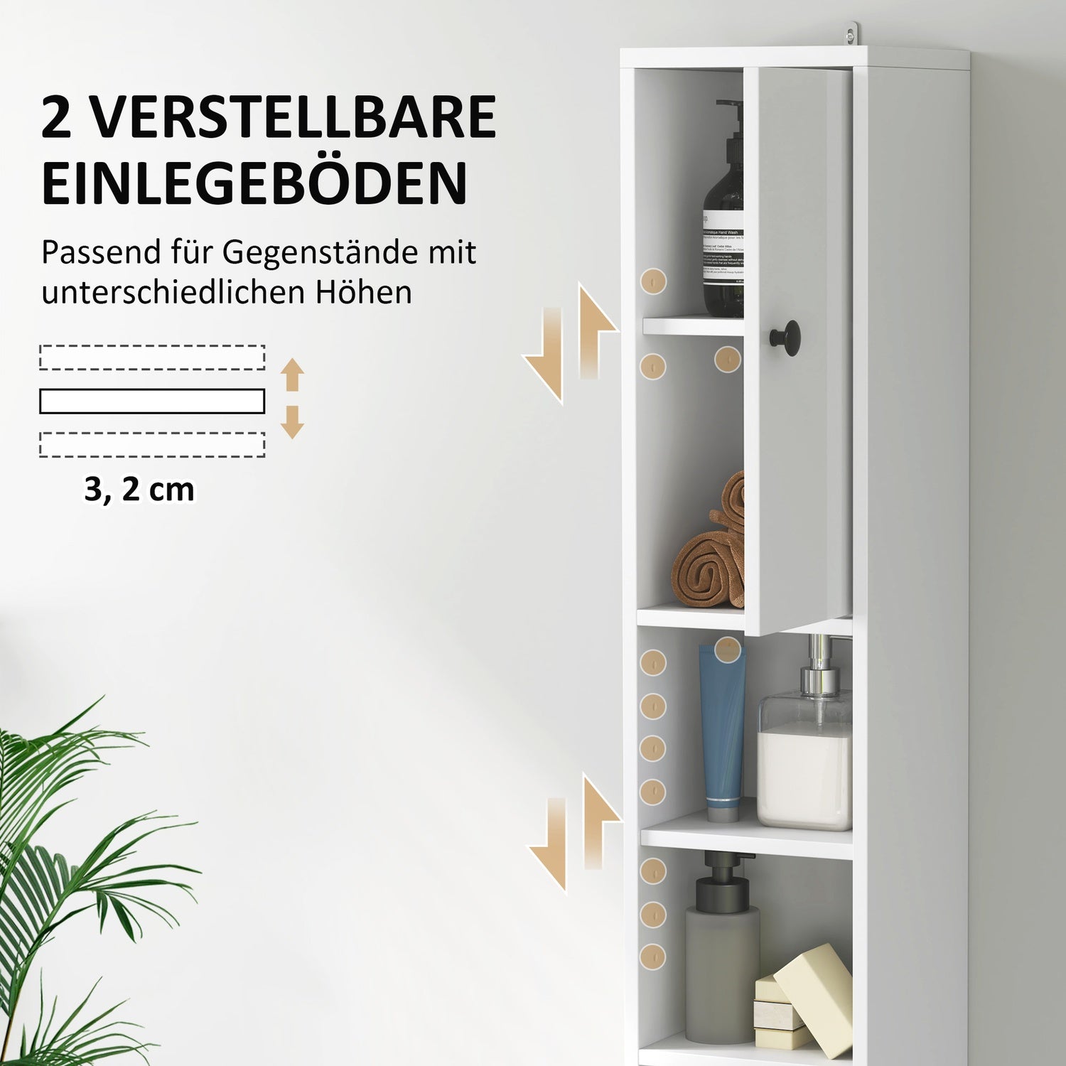 Högt smalt badrumsskåp, ställbar hylla, vit