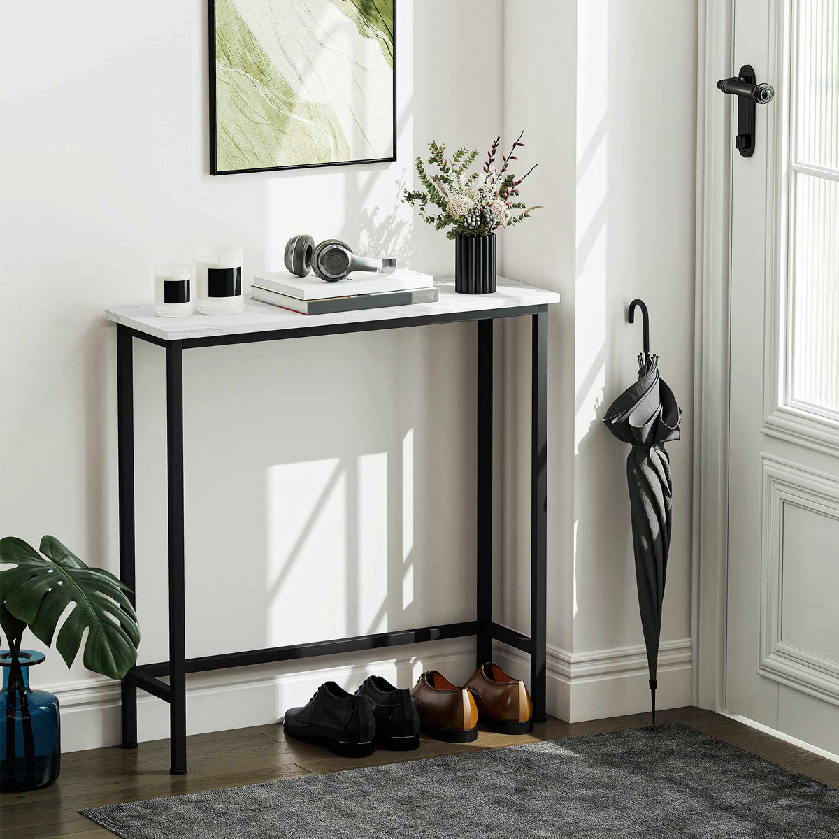 Smalt konsolbord, marmorliknande skiva, 24 cm djup