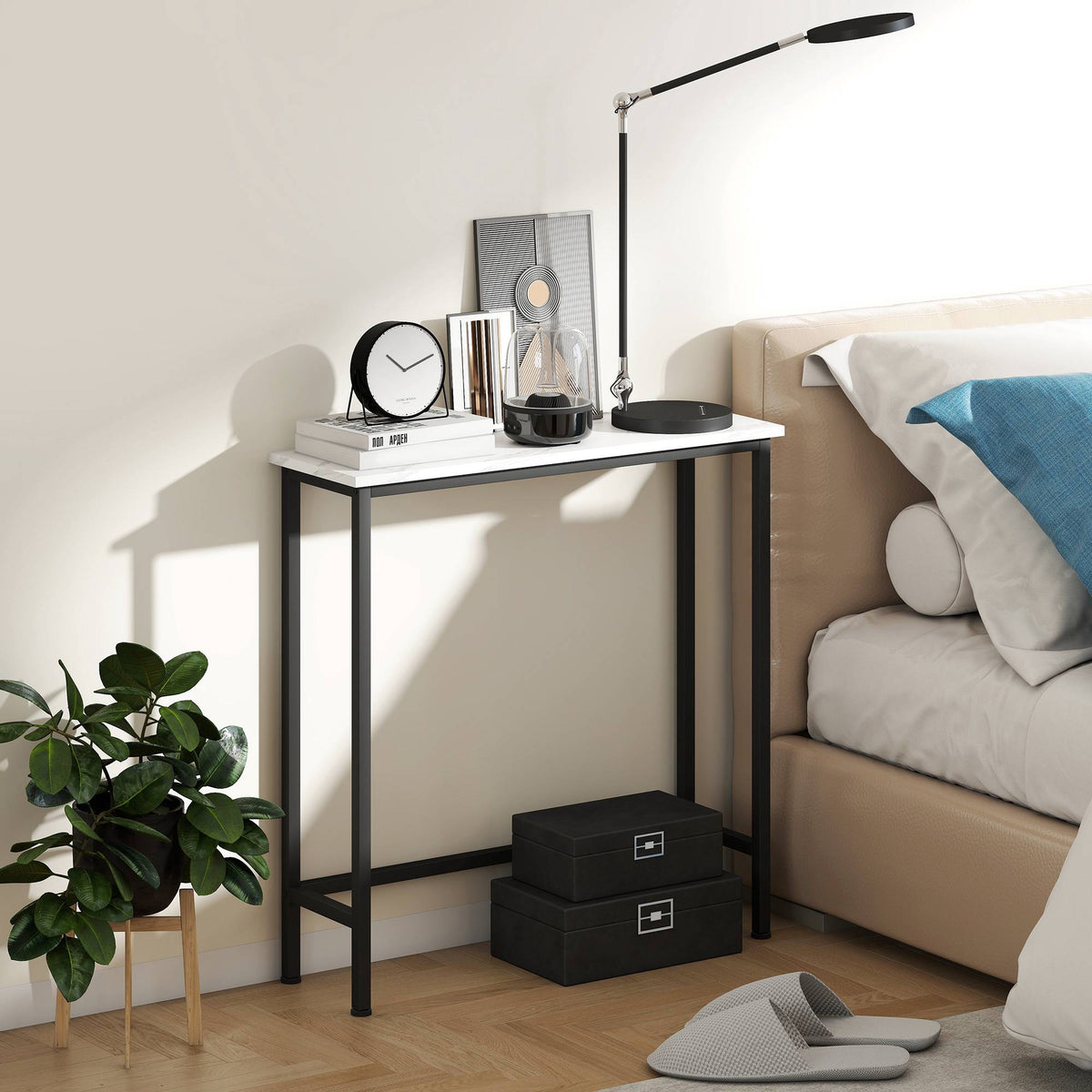 Smalt konsolbord, marmorliknande skiva, 24 cm djup