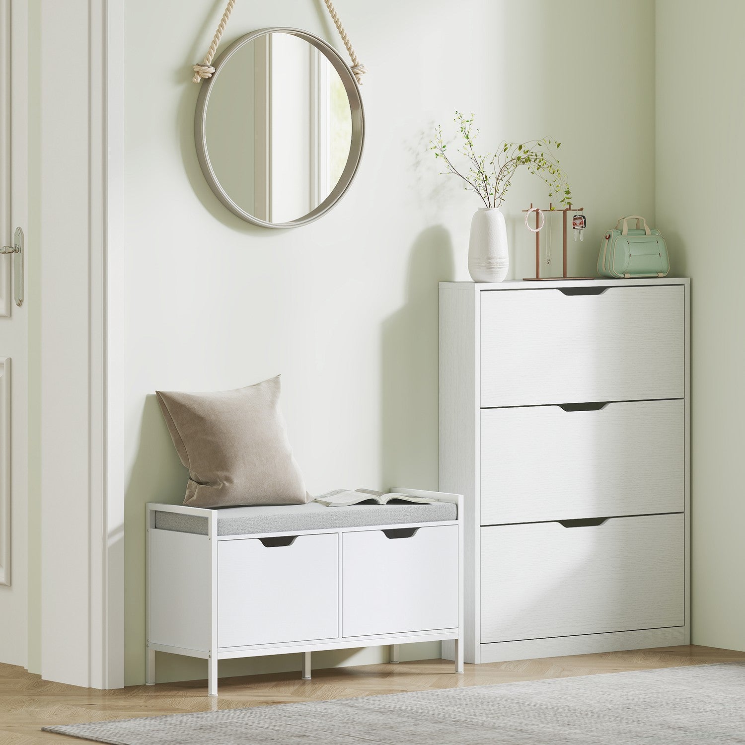 Smalt vitt skoskåp för 9-12 par, 3 klaffar, 80x17x108 cm