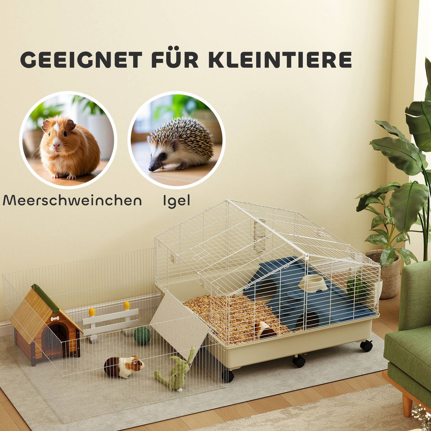 Liten djurbur med lekhage, hjul och tillbehör