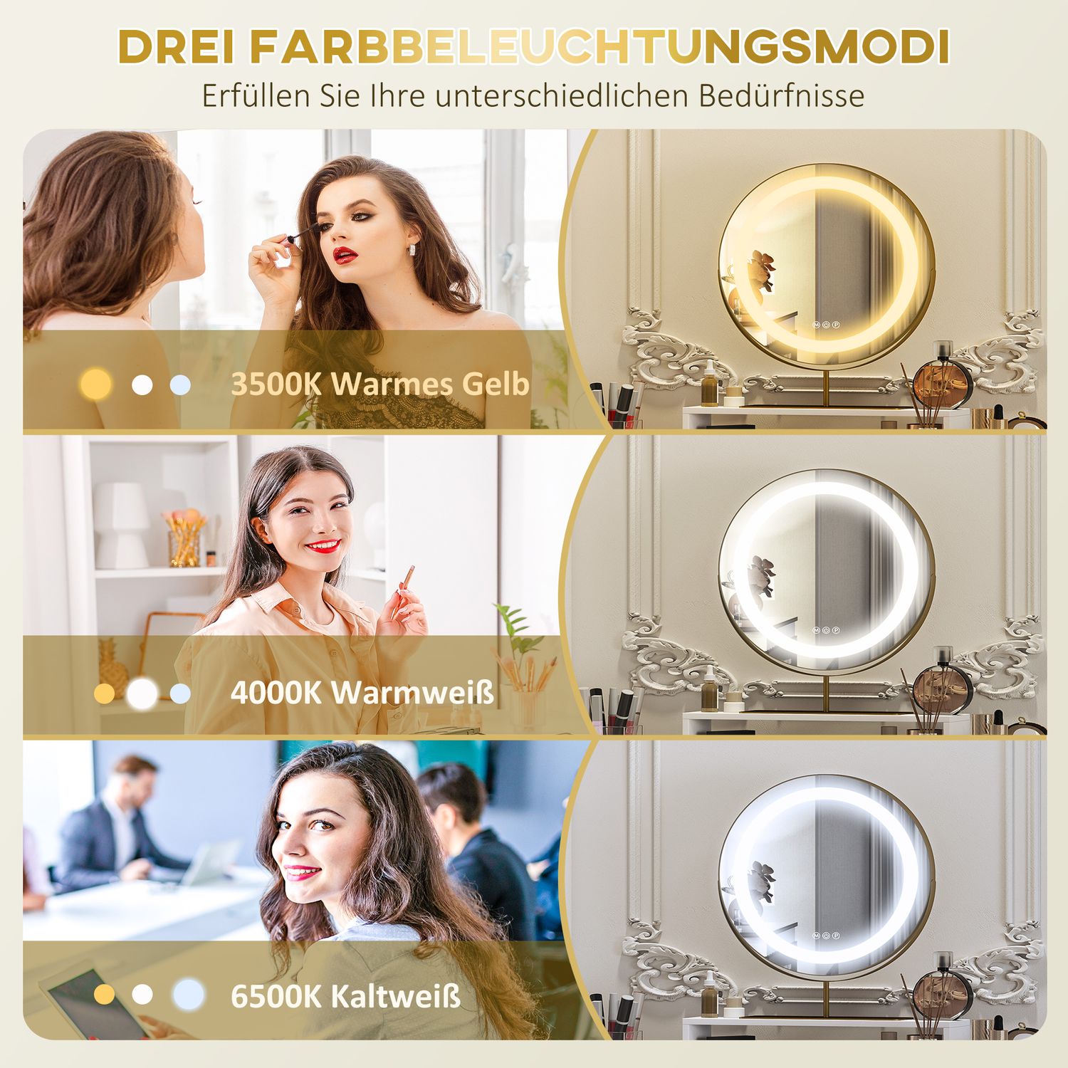 Vitt sminkbord med LED-spegel & förvaringslådor