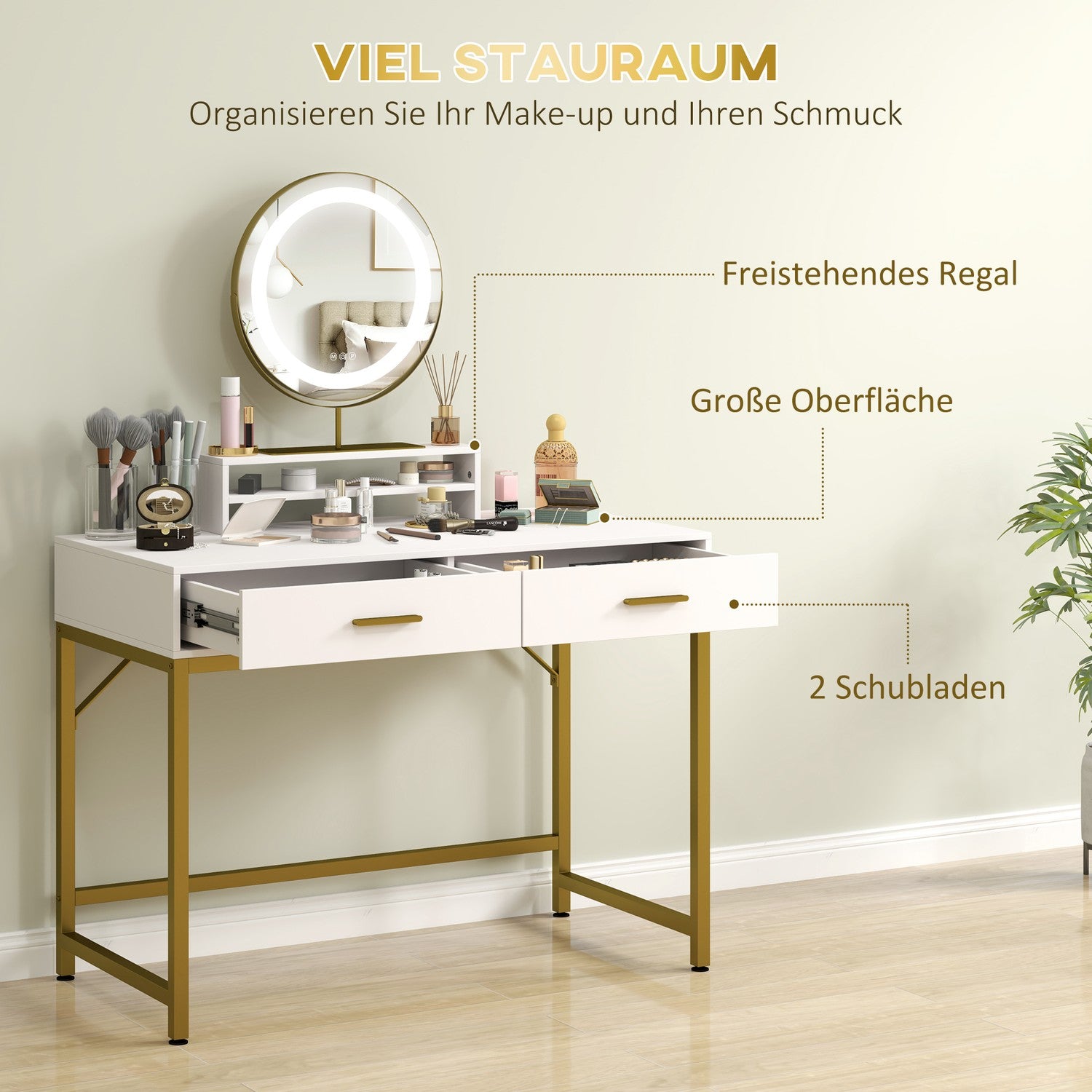 Vitt sminkbord med LED-spegel & förvaringslådor