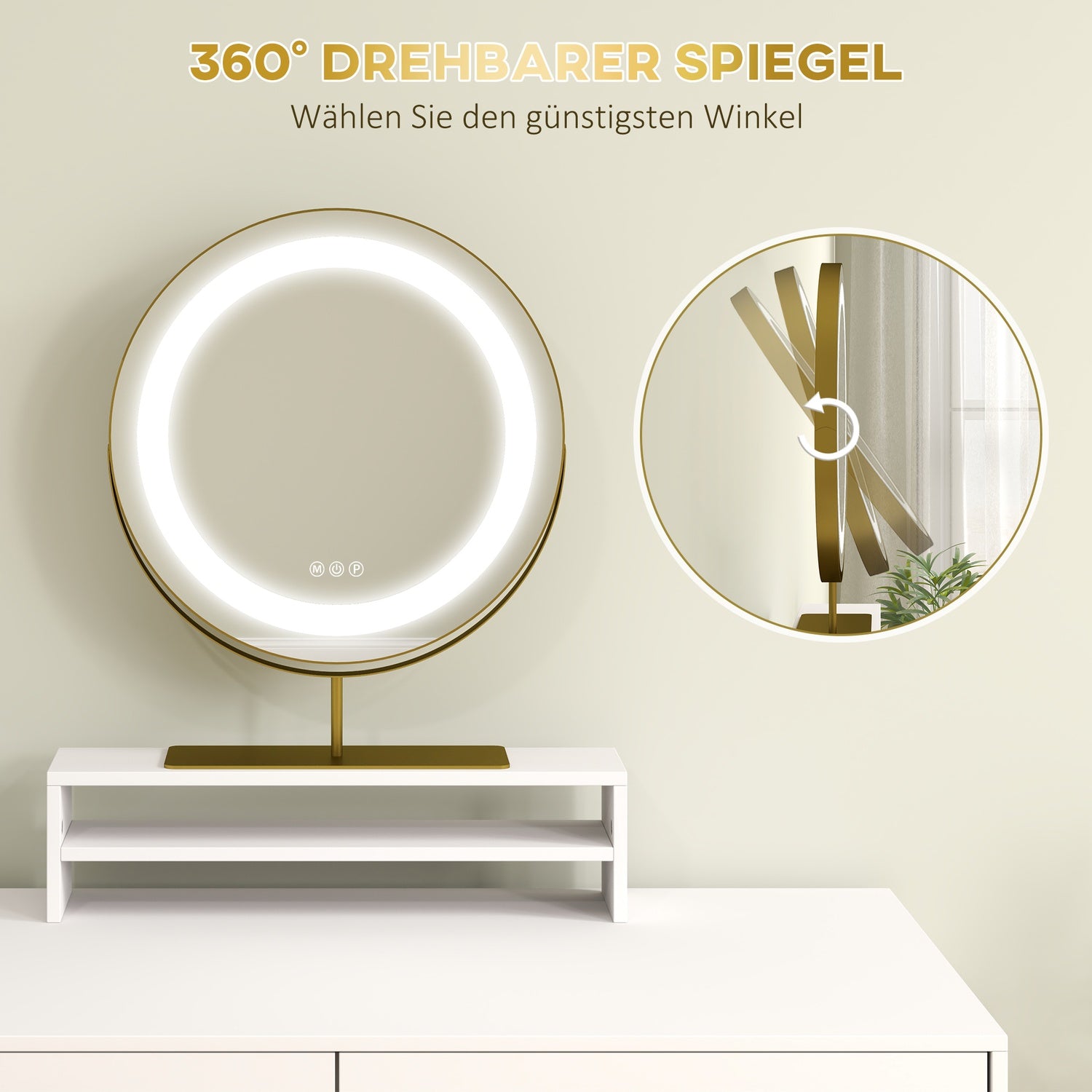 Vitt sminkbord med LED-spegel & förvaringslådor