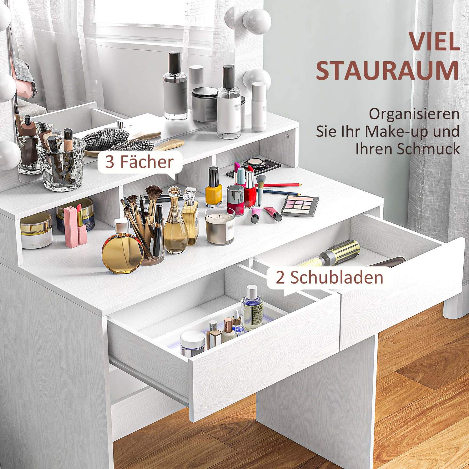 Sminkbord med LED-spegel, justerbar ljusstyrka, vit