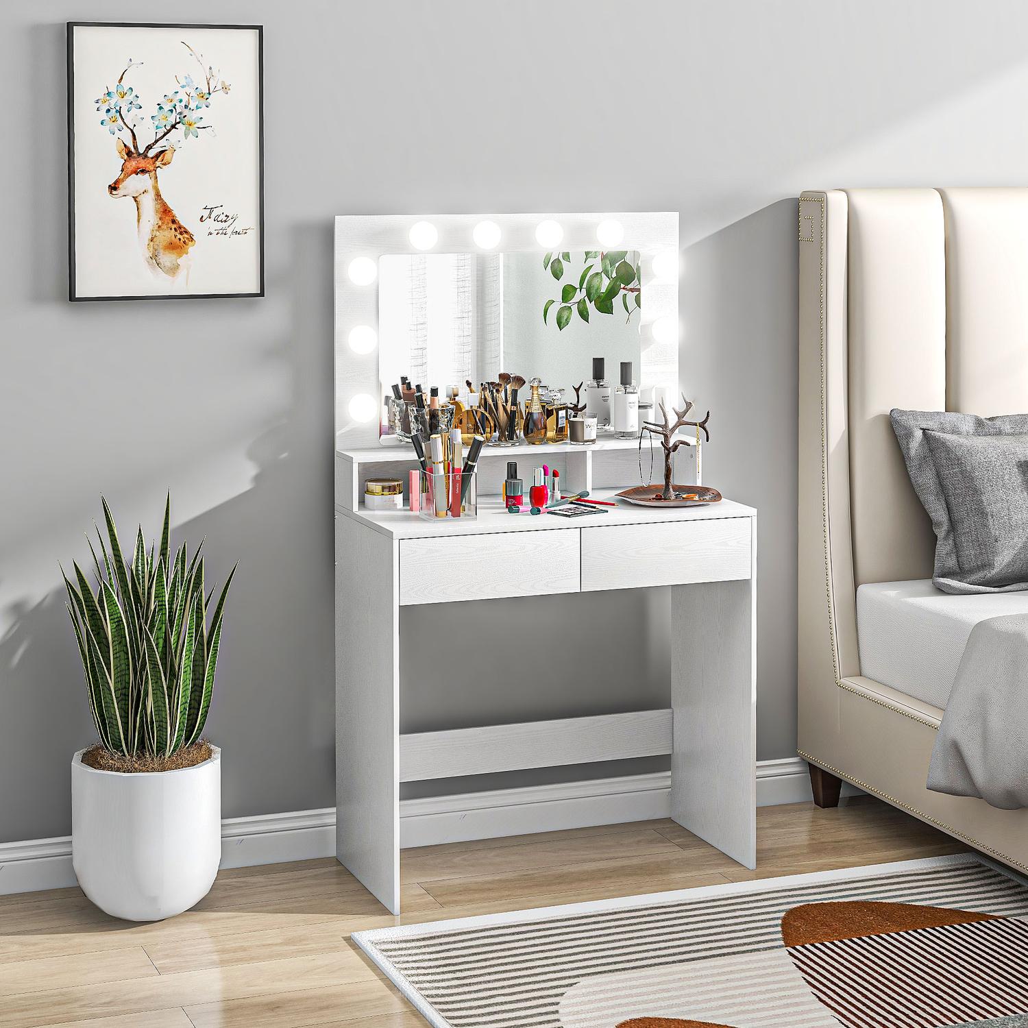 Sminkbord med LED-spegel, justerbar ljusstyrka, vit