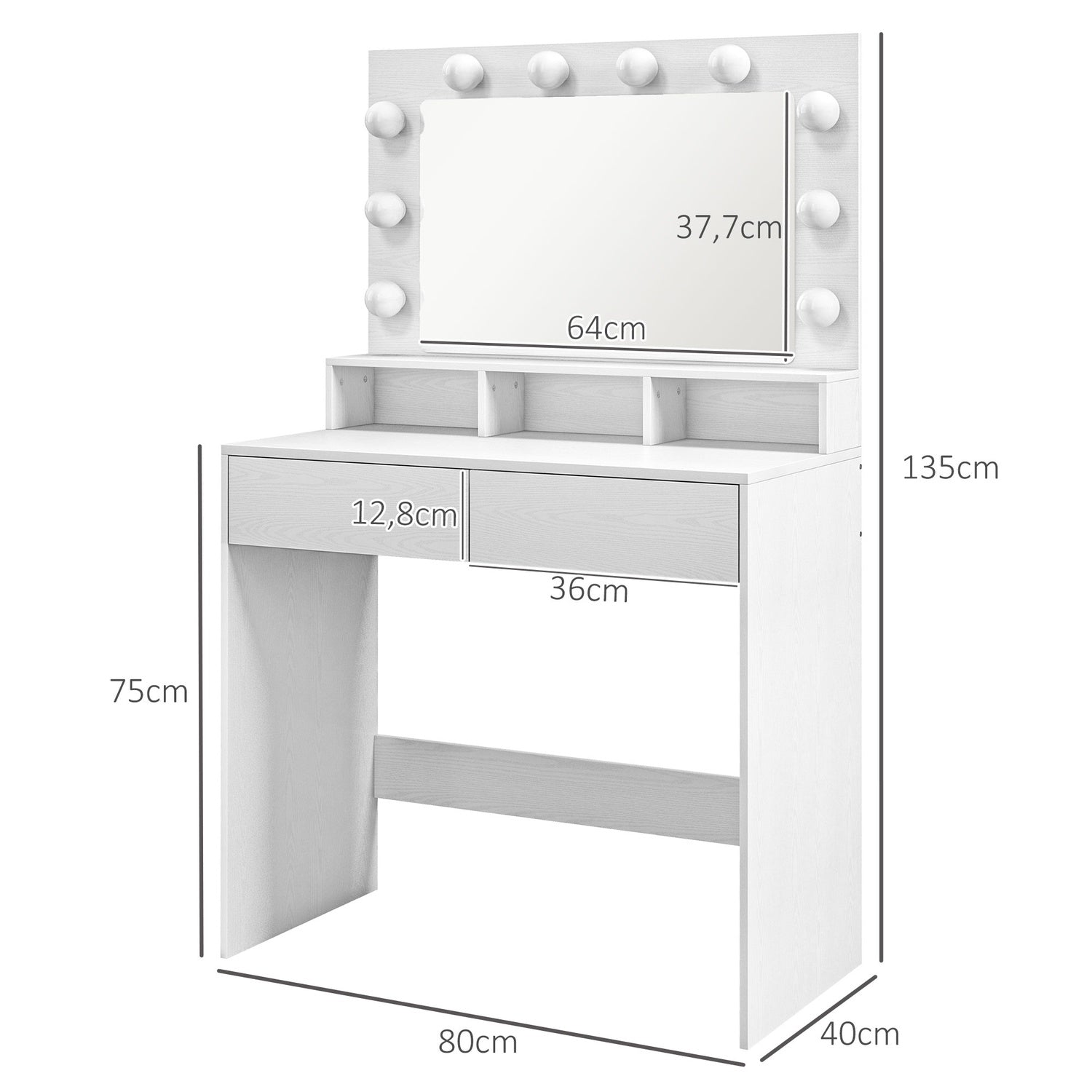 Sminkbord med LED-spegel, justerbar ljusstyrka, vit