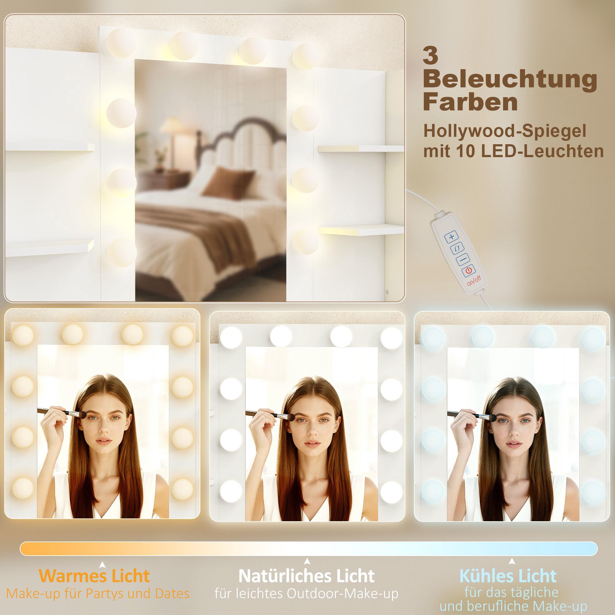 Sminkbord med LED-spegel och stoppad pall, vit