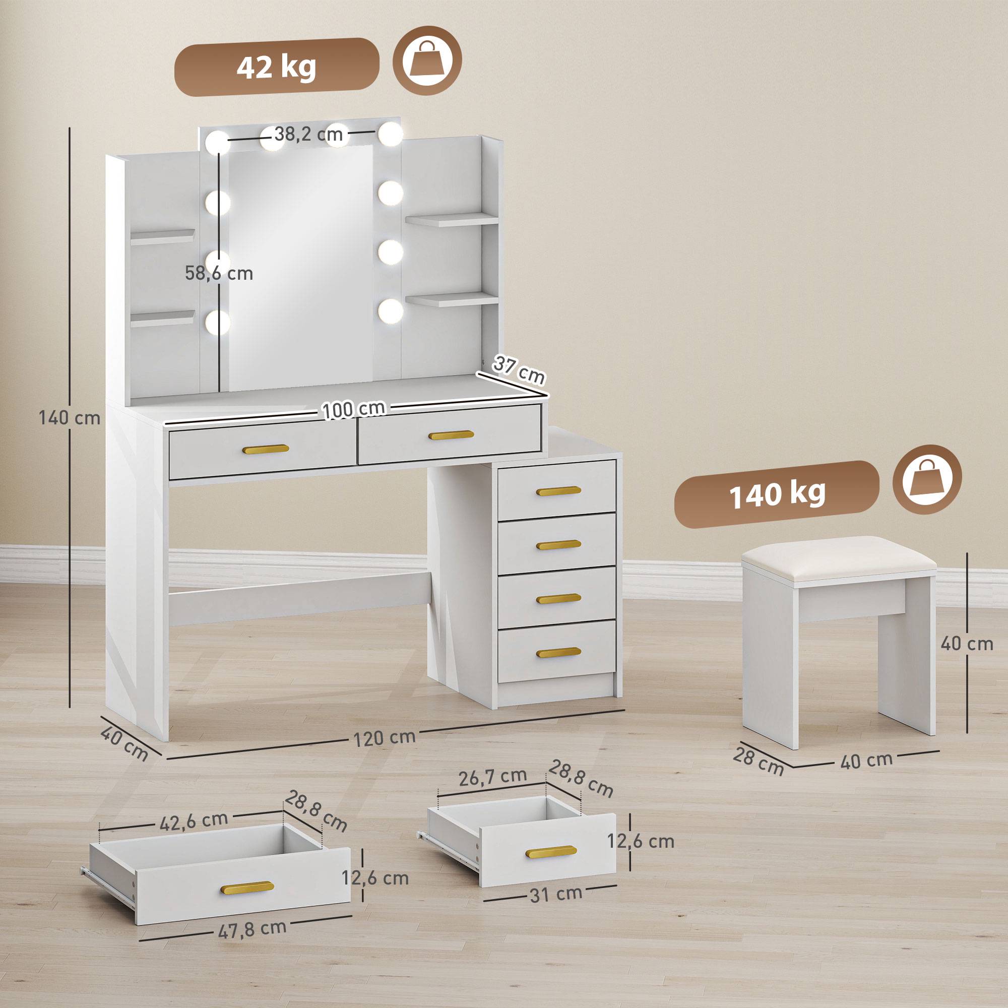 Sminkbord med LED-spegel och stoppad pall, vit