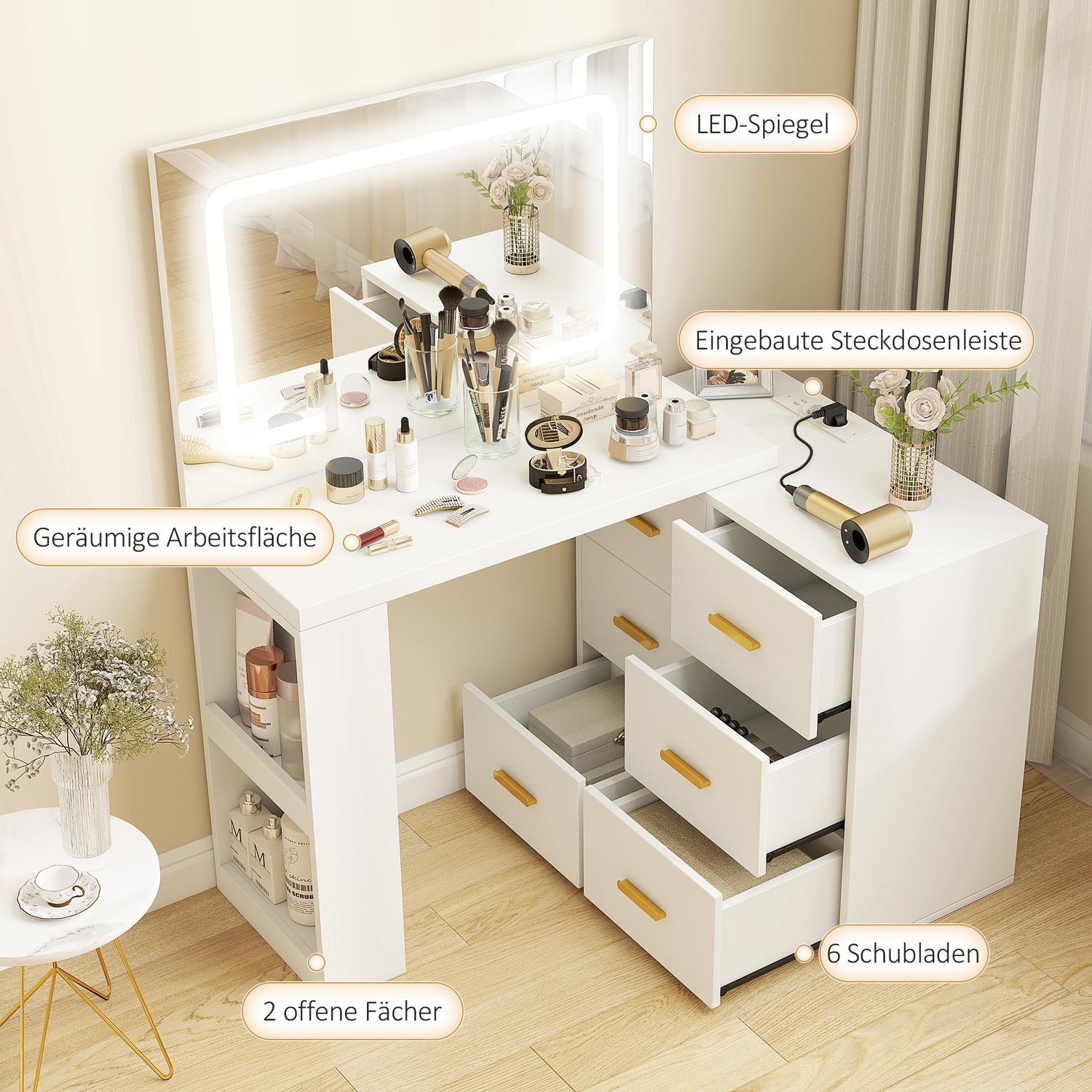 Sminkbord med justerbar LED-spegel och förvaring