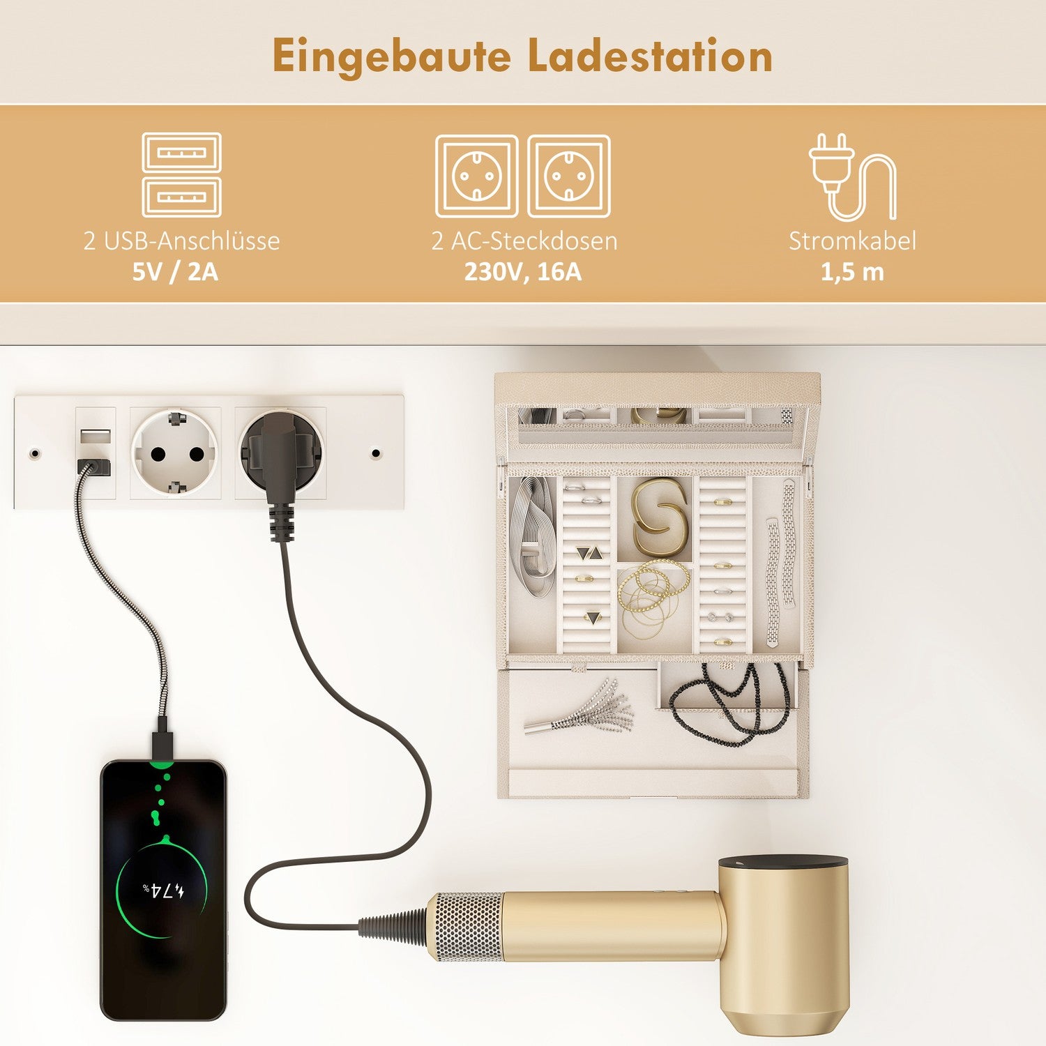 Sminkbord med justerbar LED-spegel och förvaring