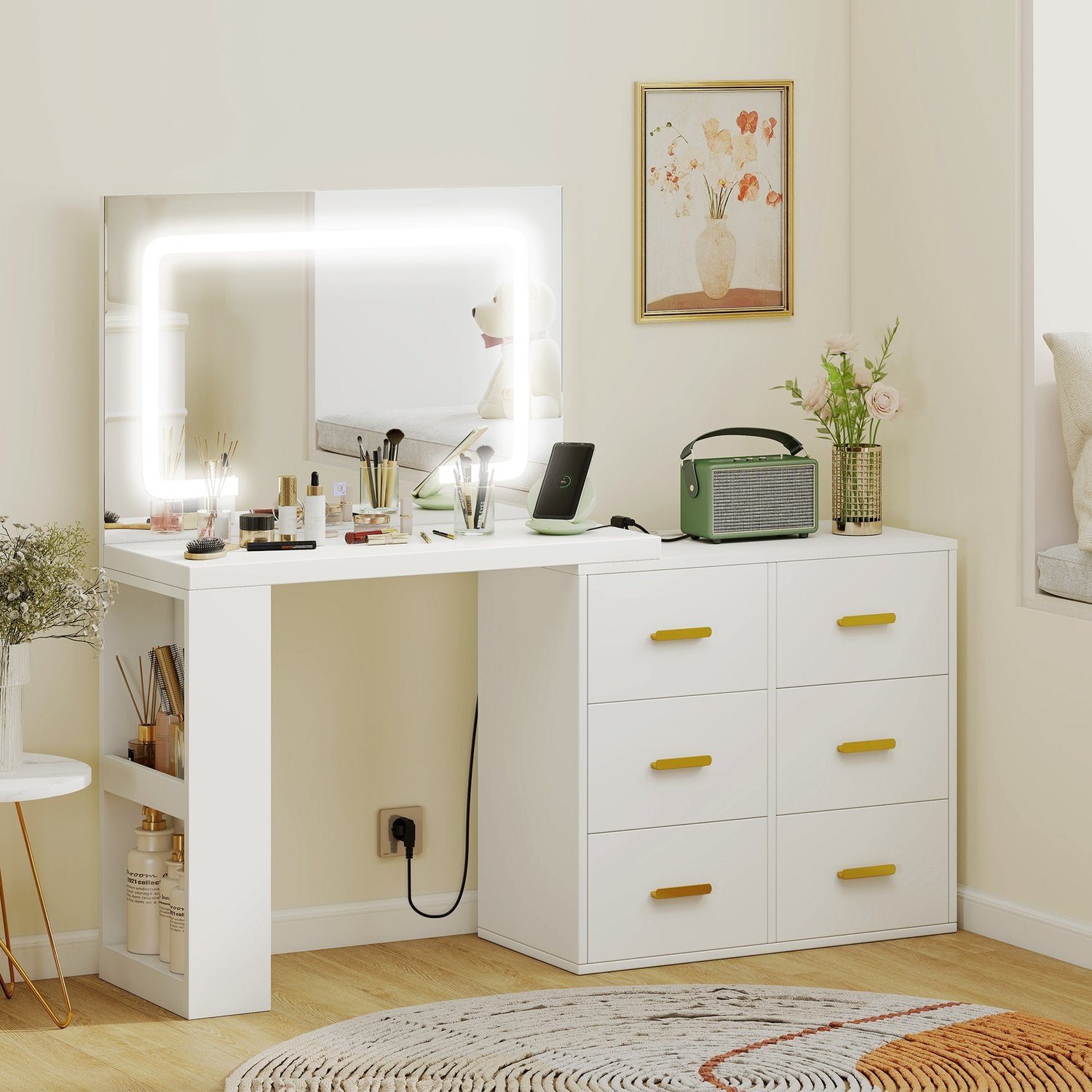 Sminkbord med justerbar LED-spegel och förvaring
