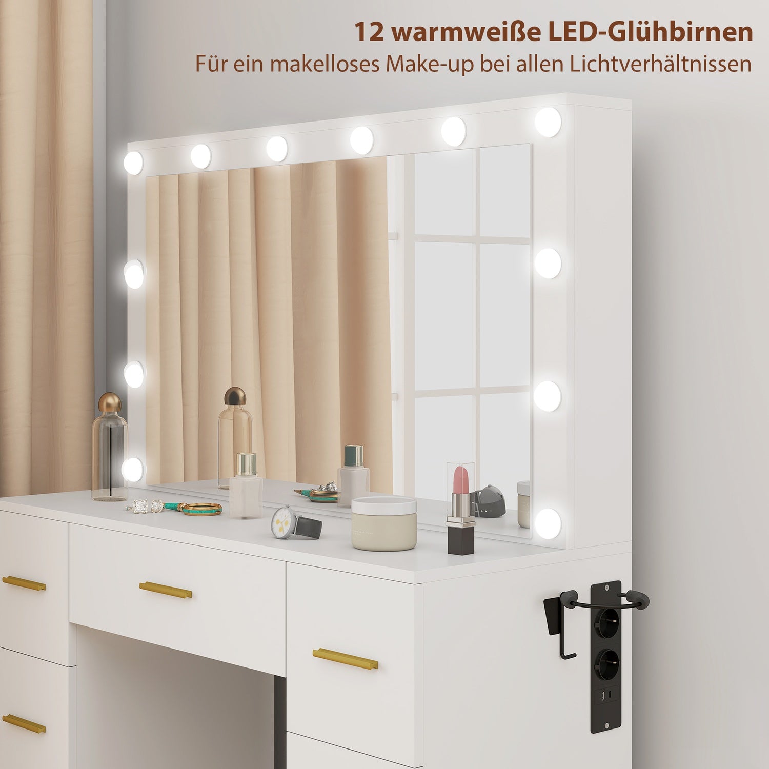 Sminkbord med spegel, 12 LED-lampor, 7 lådor, vit