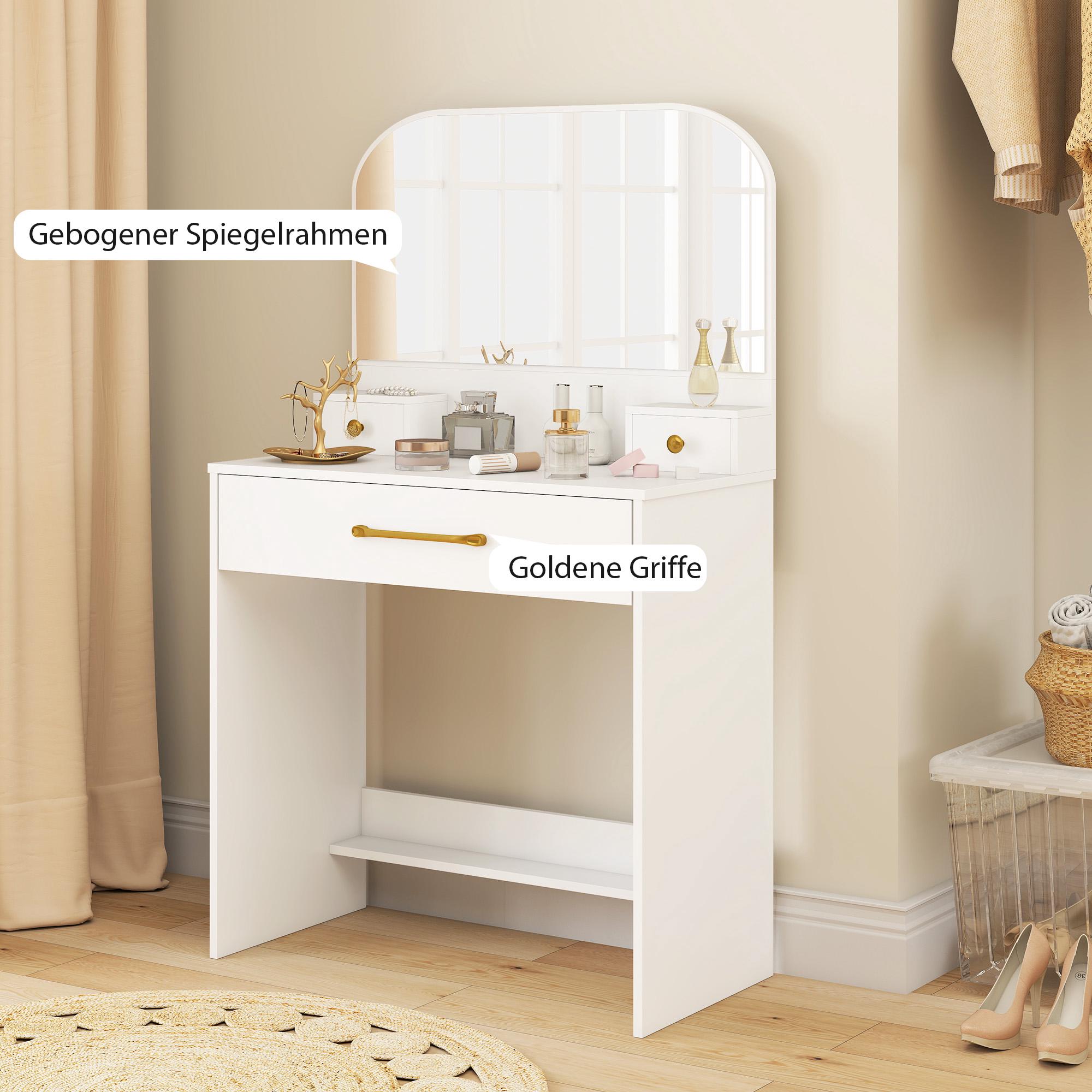 Sminkbord med spegel, 3 lådor, vit, kompakt design
