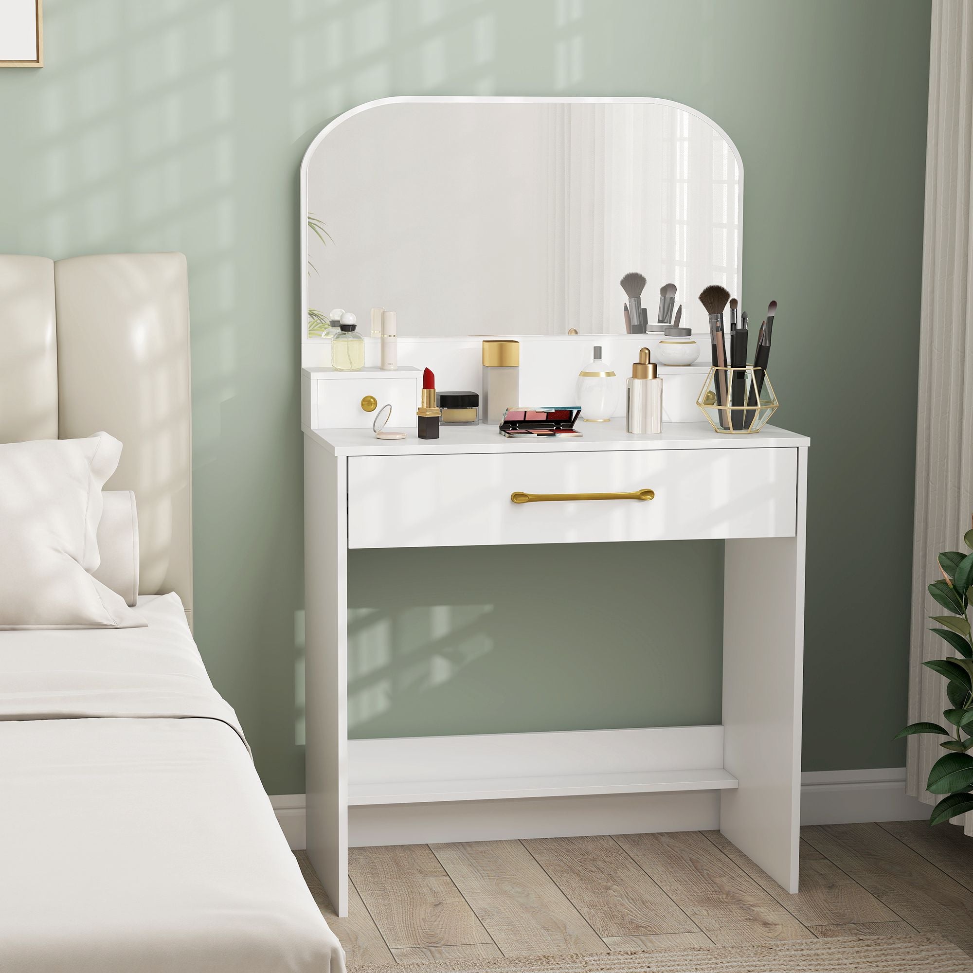 Sminkbord med spegel, 3 lådor, vit, kompakt design