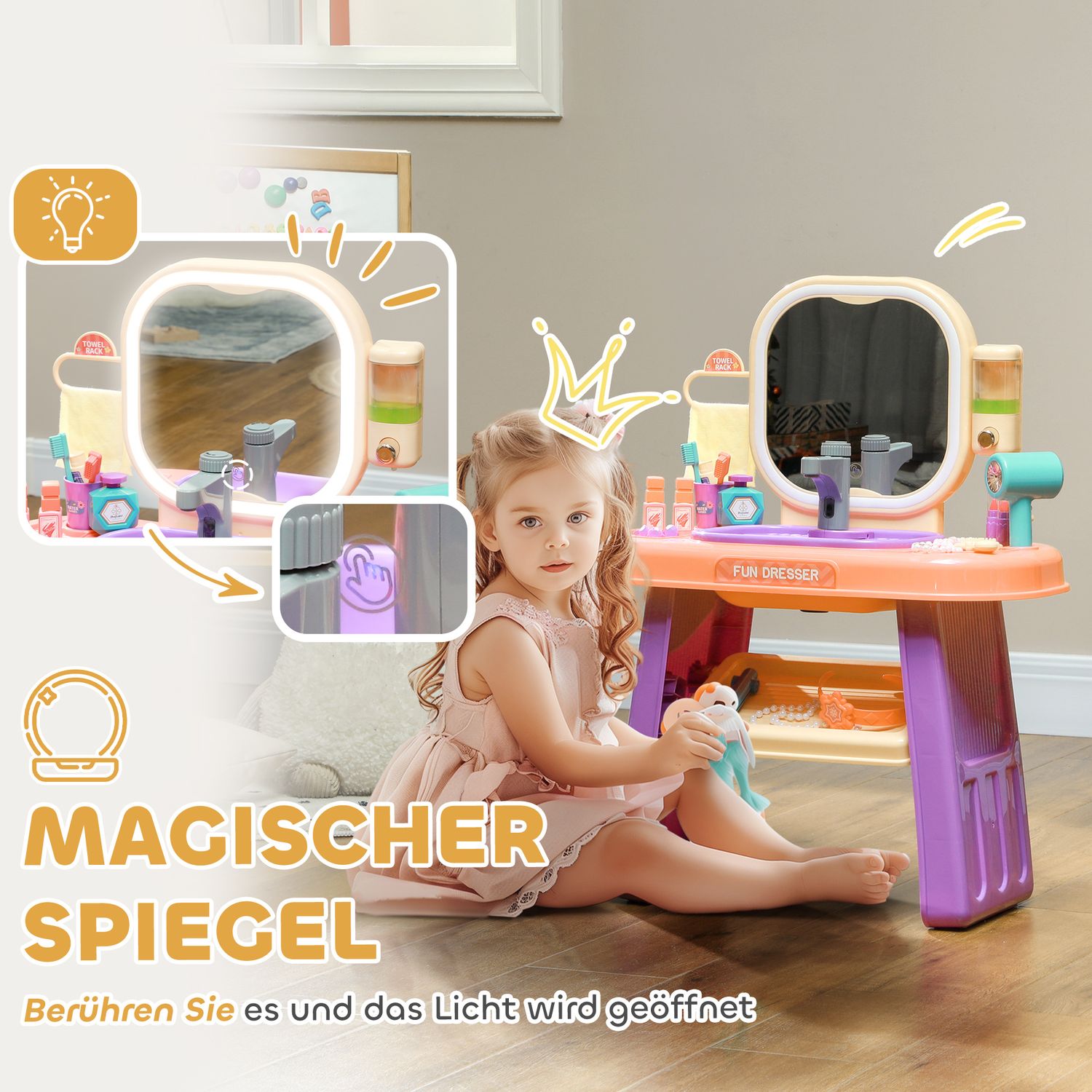 Sminkbord för barn med spegel, musik & LED-ljus