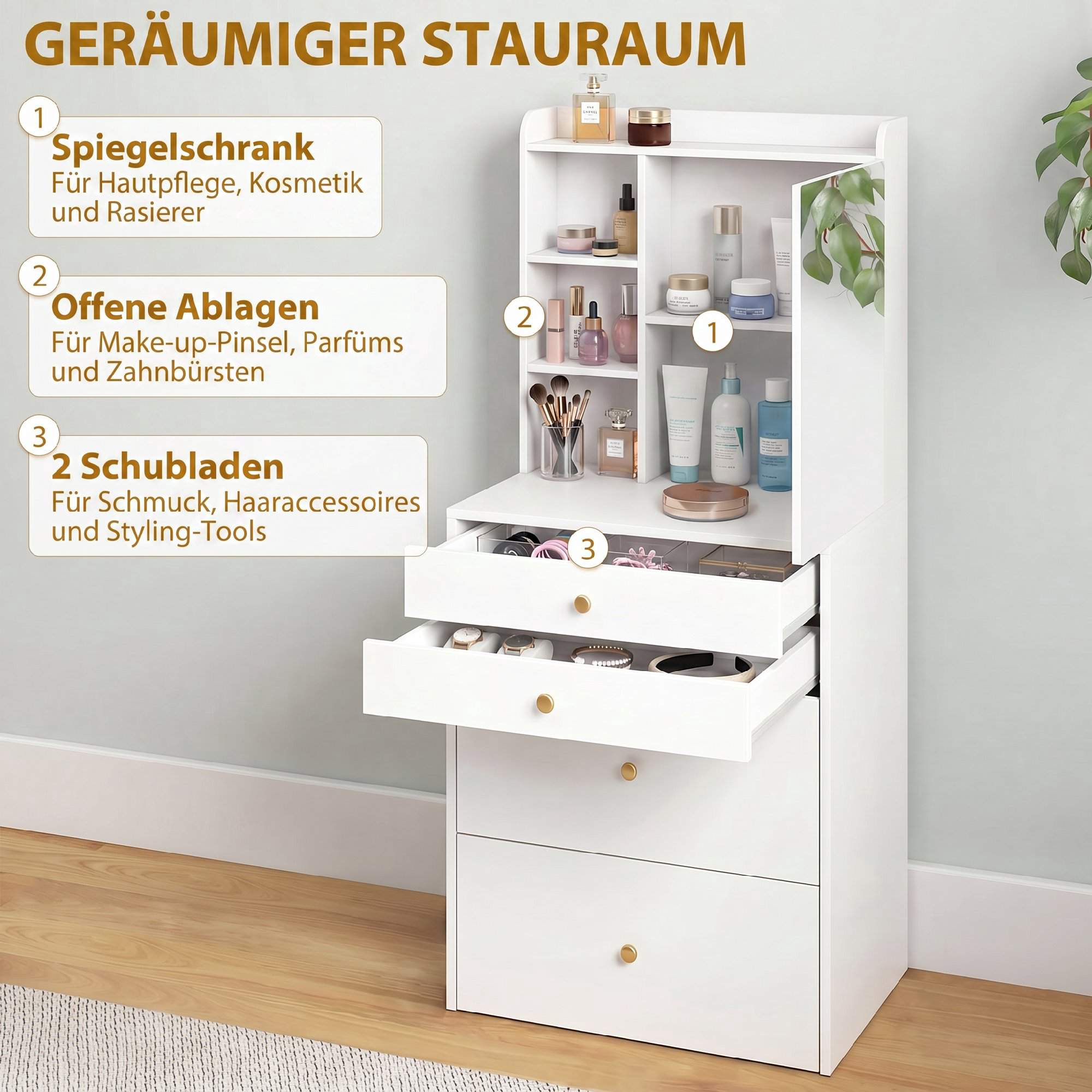 Sminkbordsset med spegel, förvaringspall, vit 60 cm