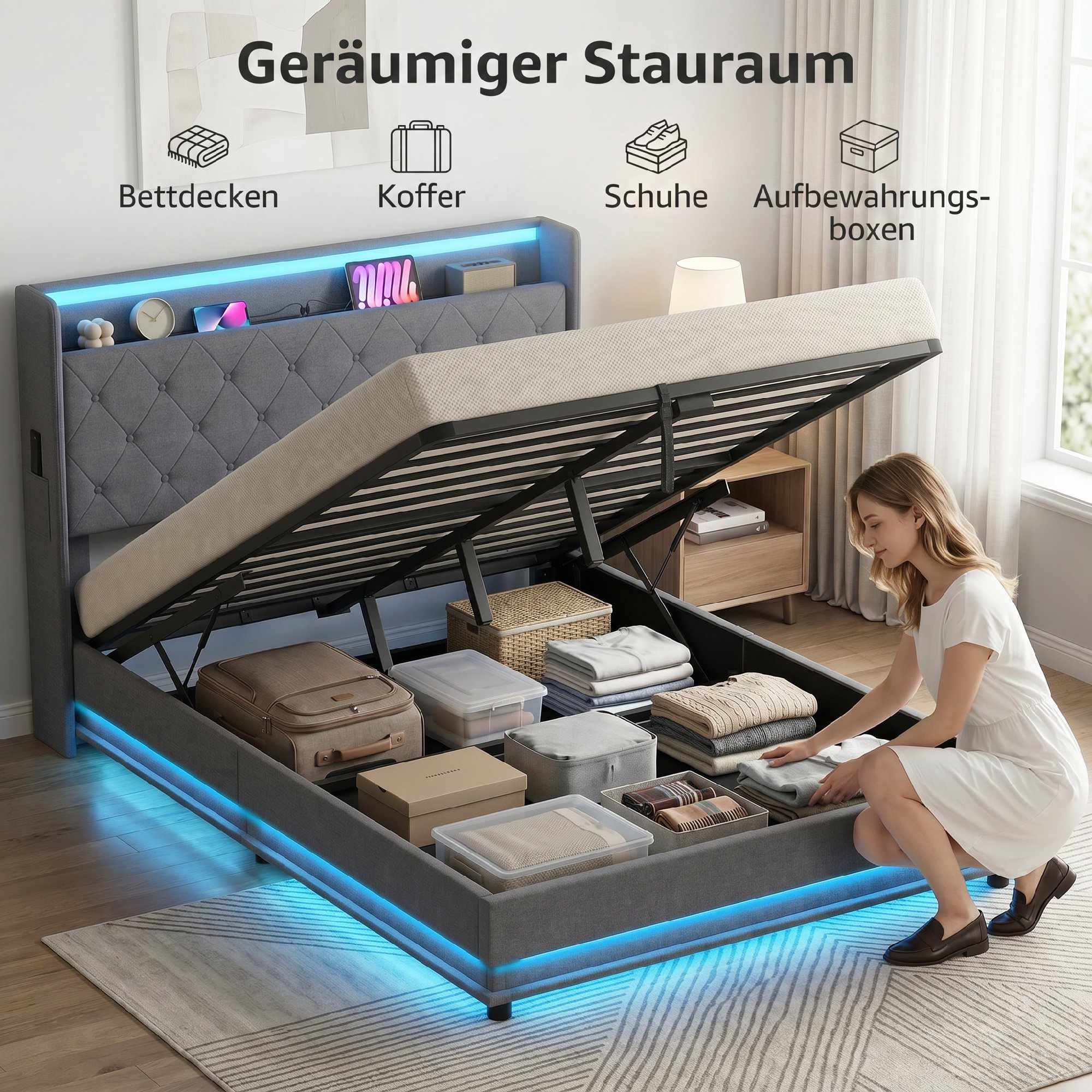 Sängram plattform 140x200 cm med förvaring och LED-lampor
