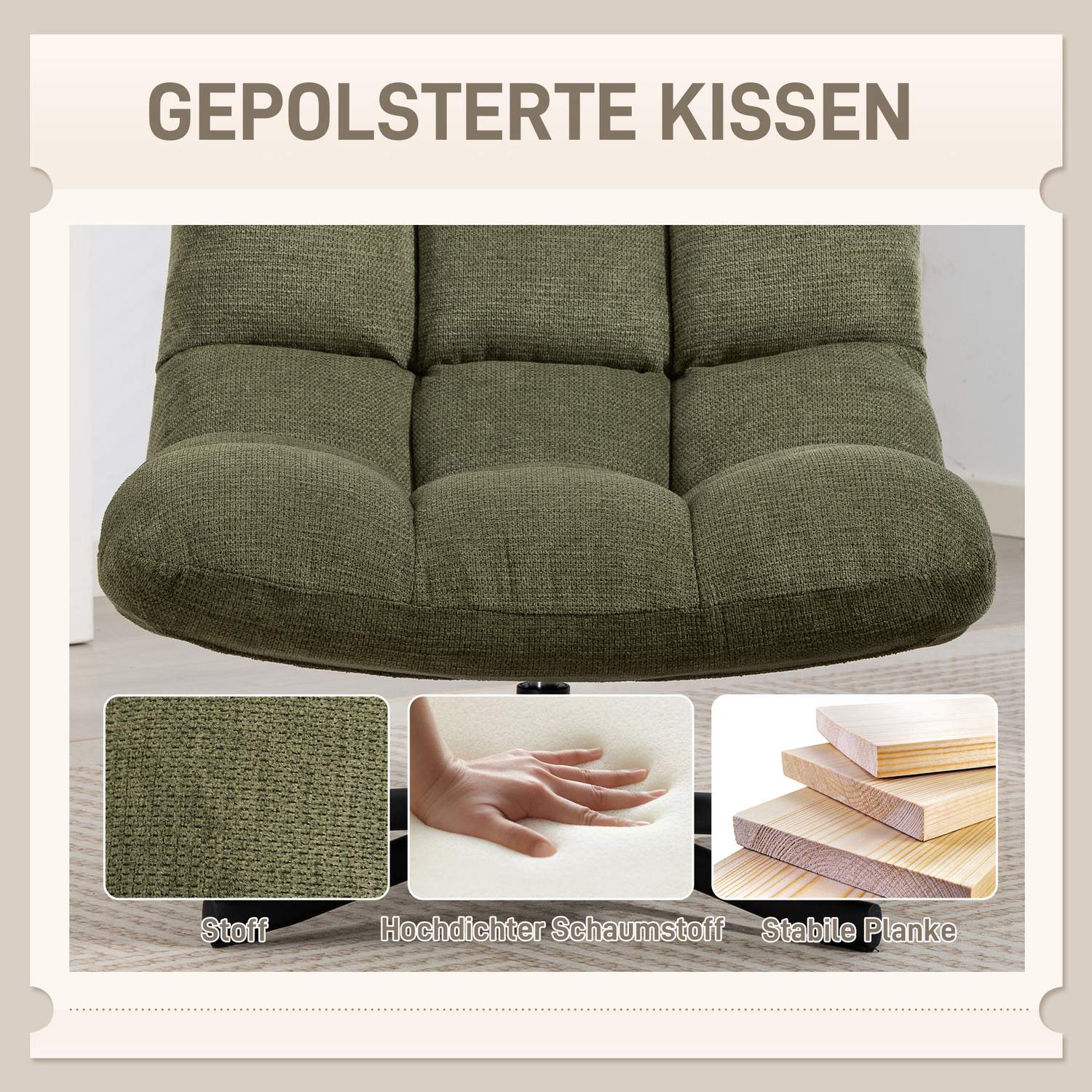Snurrfåtölj, bred sits, vattenavvisande chenille, grön