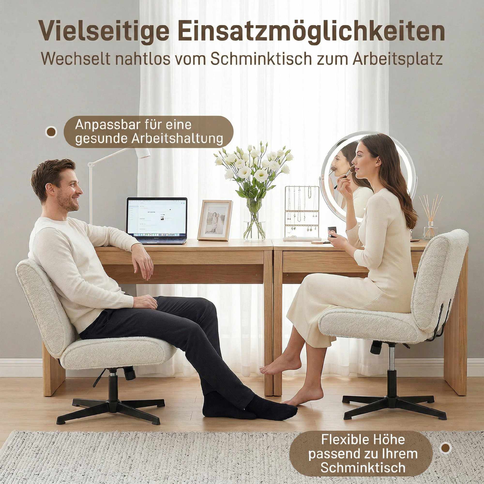 Snurrfåtölj i sammet, justerbar höjd, krämvit