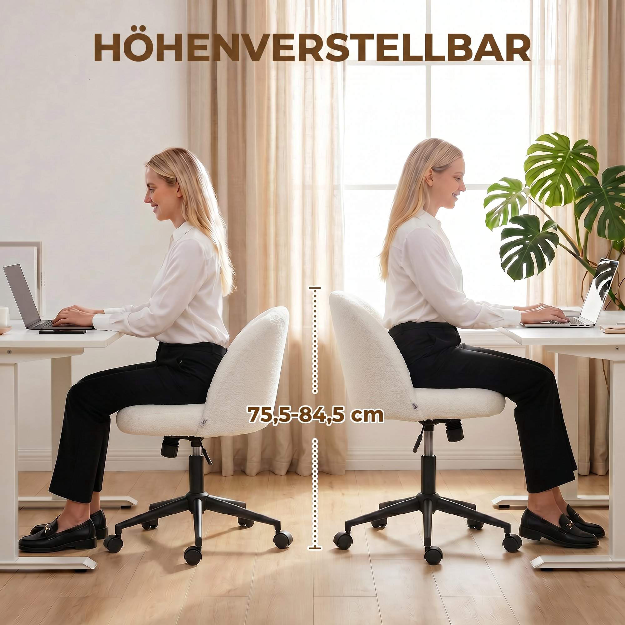 Snurrstol för kontor, Teddy Fleece, Höjdjusterbar, Krämfärgad