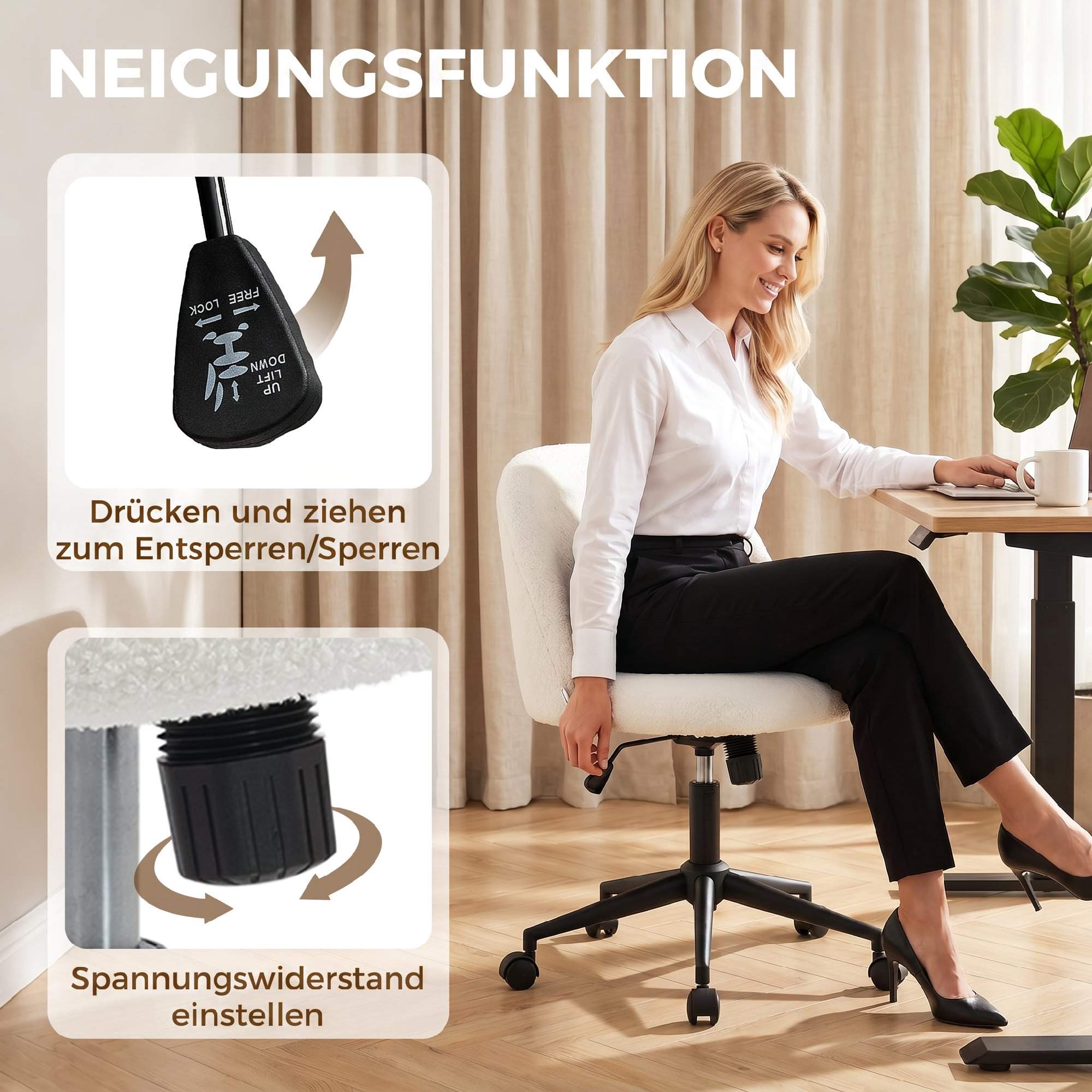 Snurrstol för kontor, Teddy Fleece, Höjdjusterbar, Krämfärgad