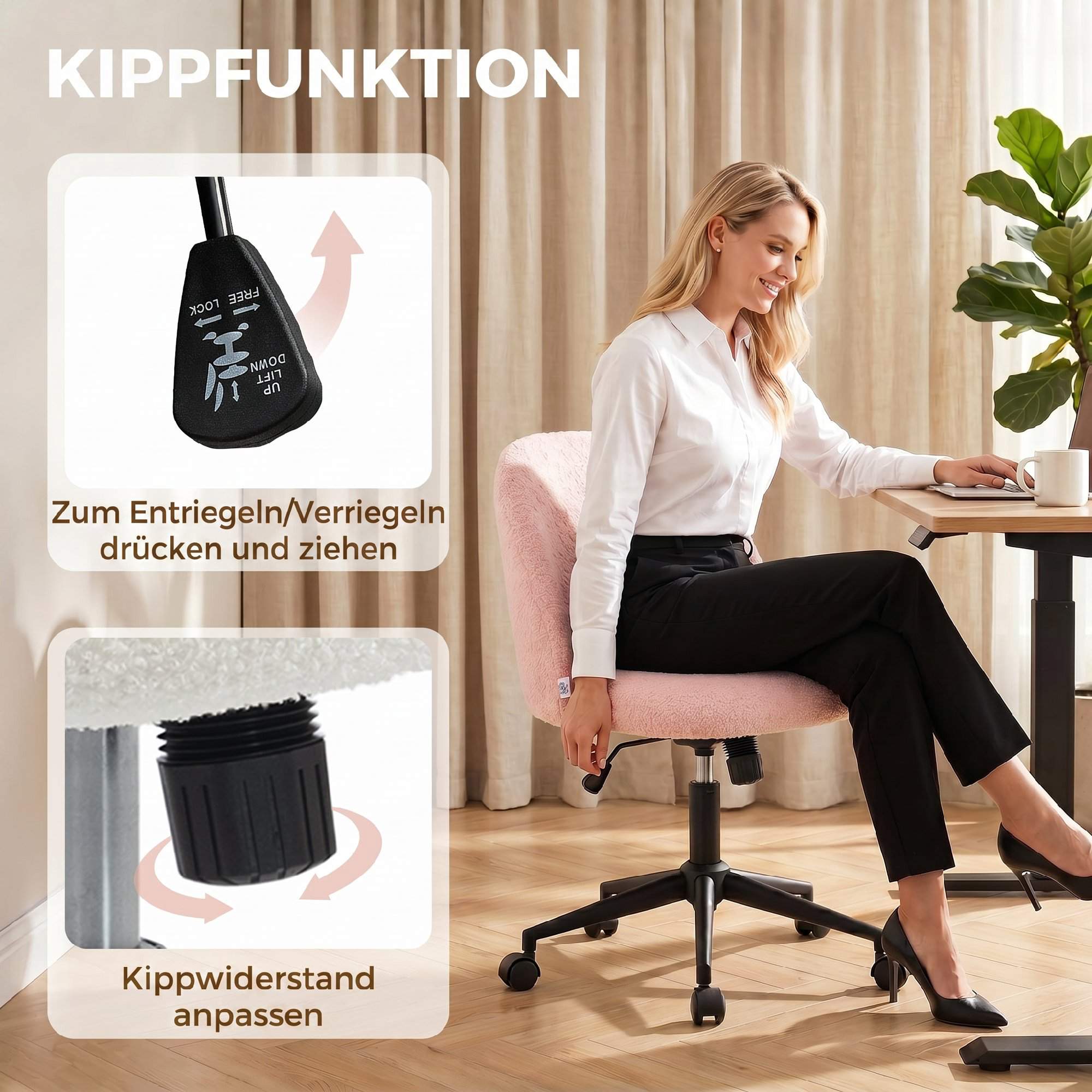 Snurrstol för kontor, rosa teddyfleece, höjdjusterbar