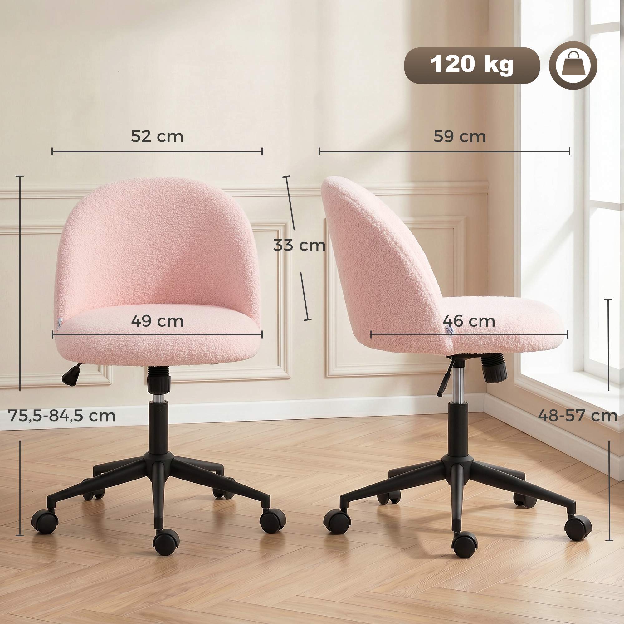 Snurrstol för kontor, rosa teddyfleece, höjdjusterbar