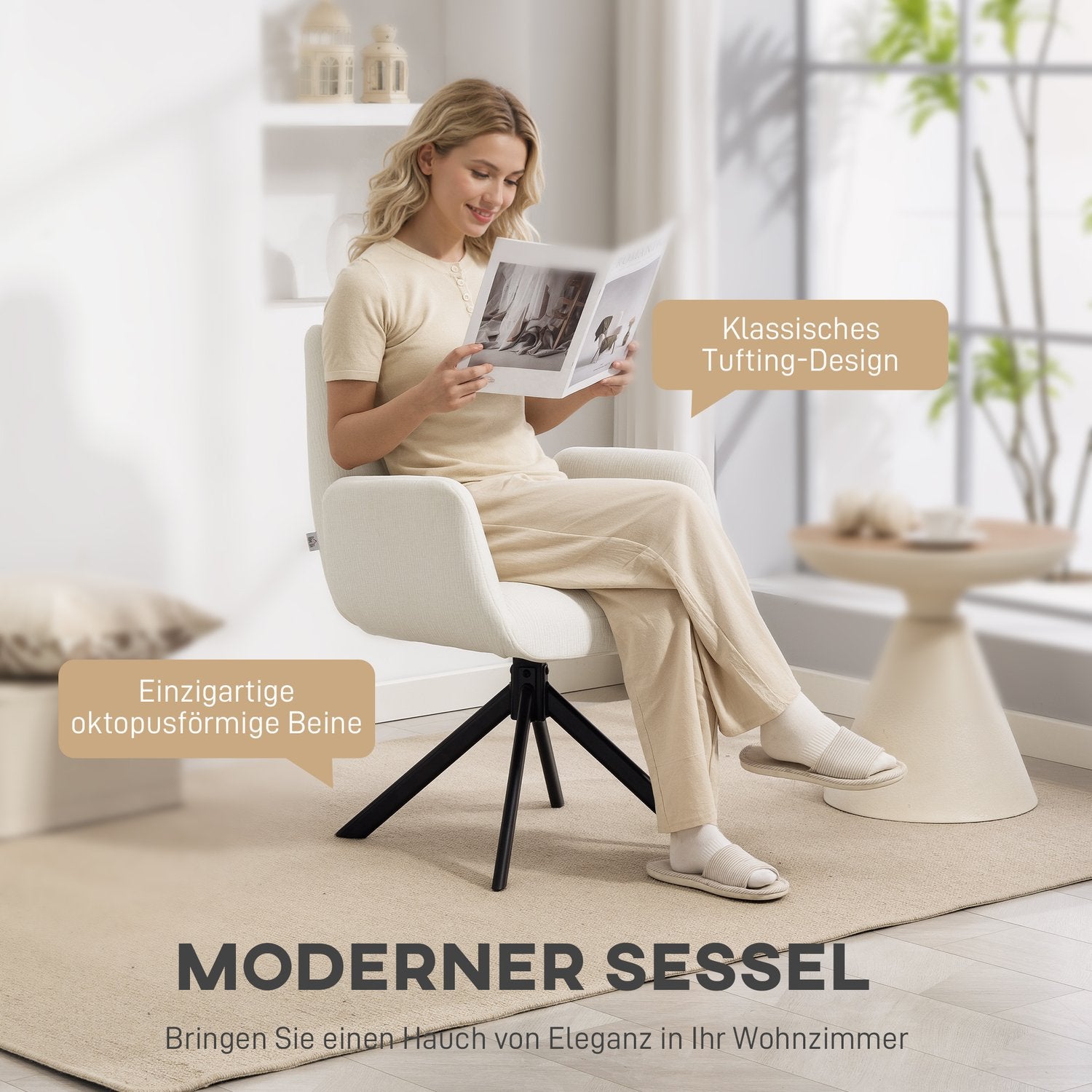 Snurrstol, modern design, krämvit, 120 kg kapacitet
