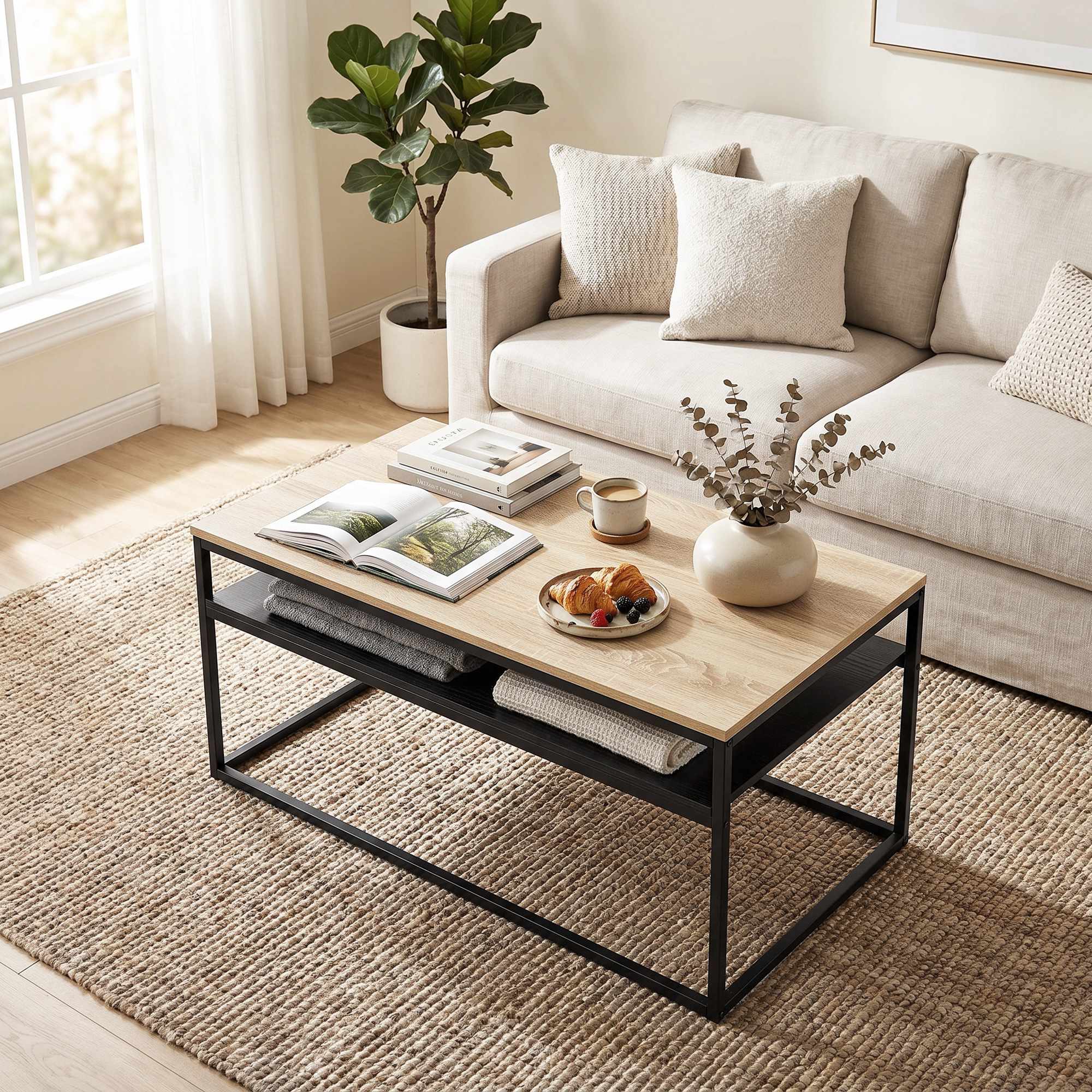 Soffbord med hyllplan, eklook och svart, 100 cm