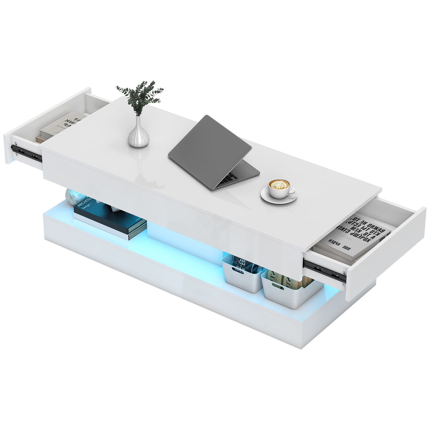 Soffbord med lådor och LED-lampor, vit MDF