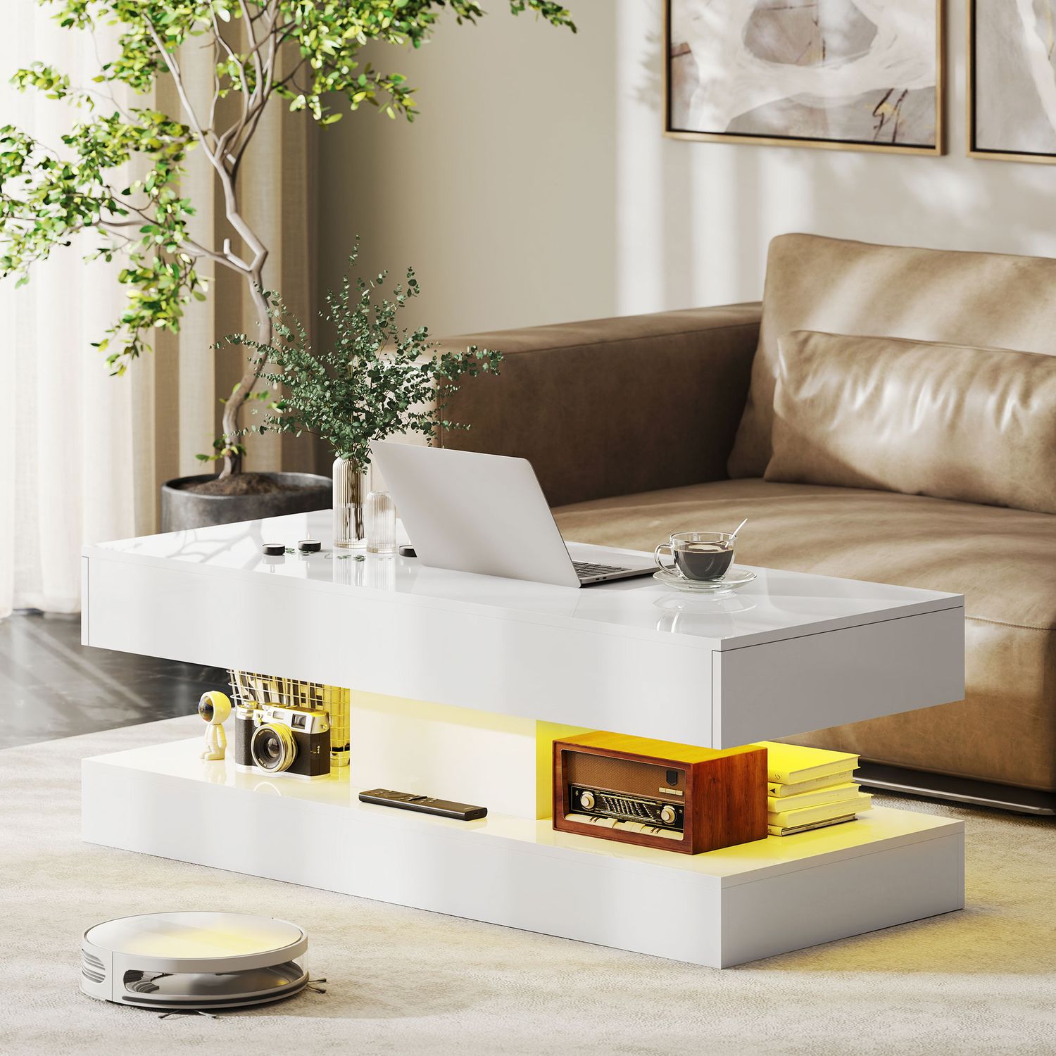 Soffbord med lådor och LED-lampor, vit MDF