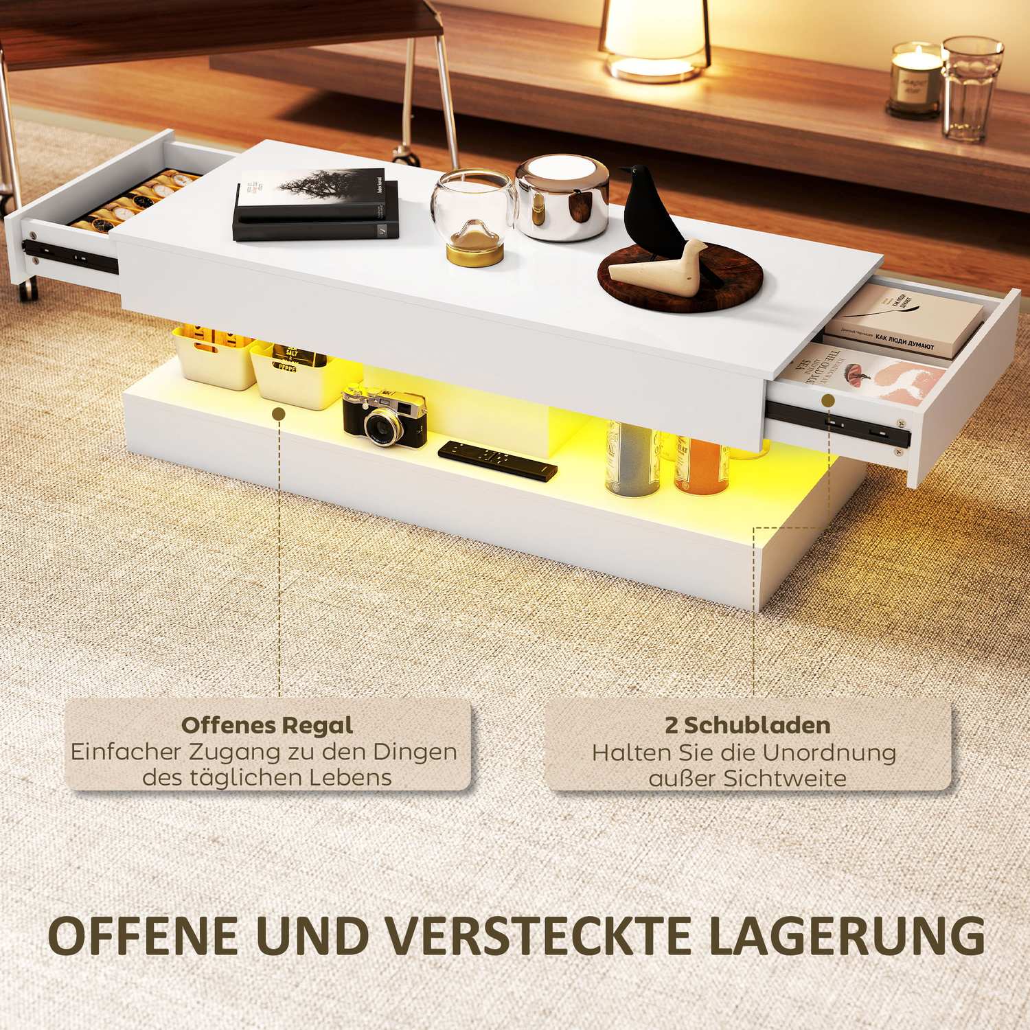 Soffbord med lådor och LED-lampor, vit MDF