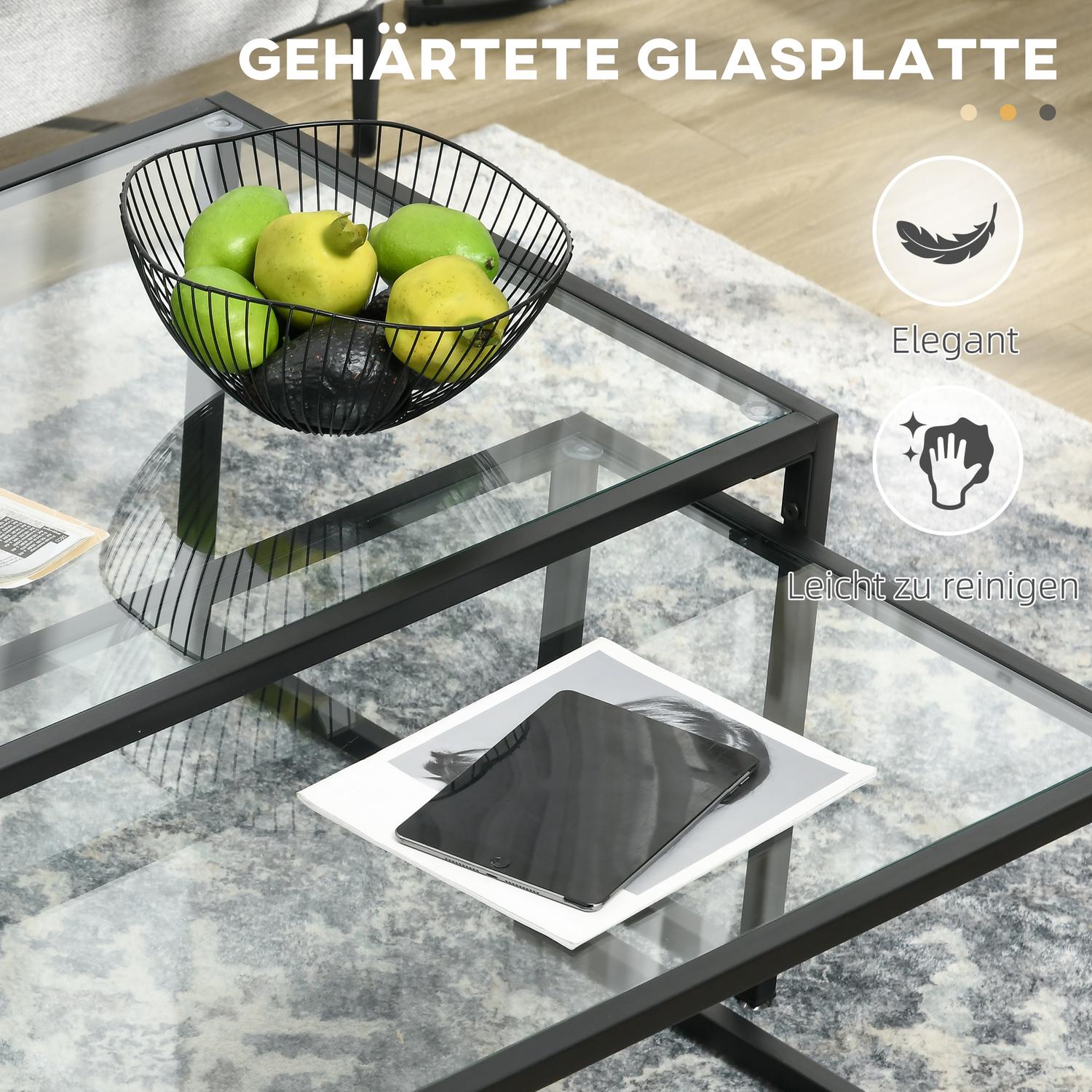 Häckande soffbordsset om 2 med glasskiva – svart stål