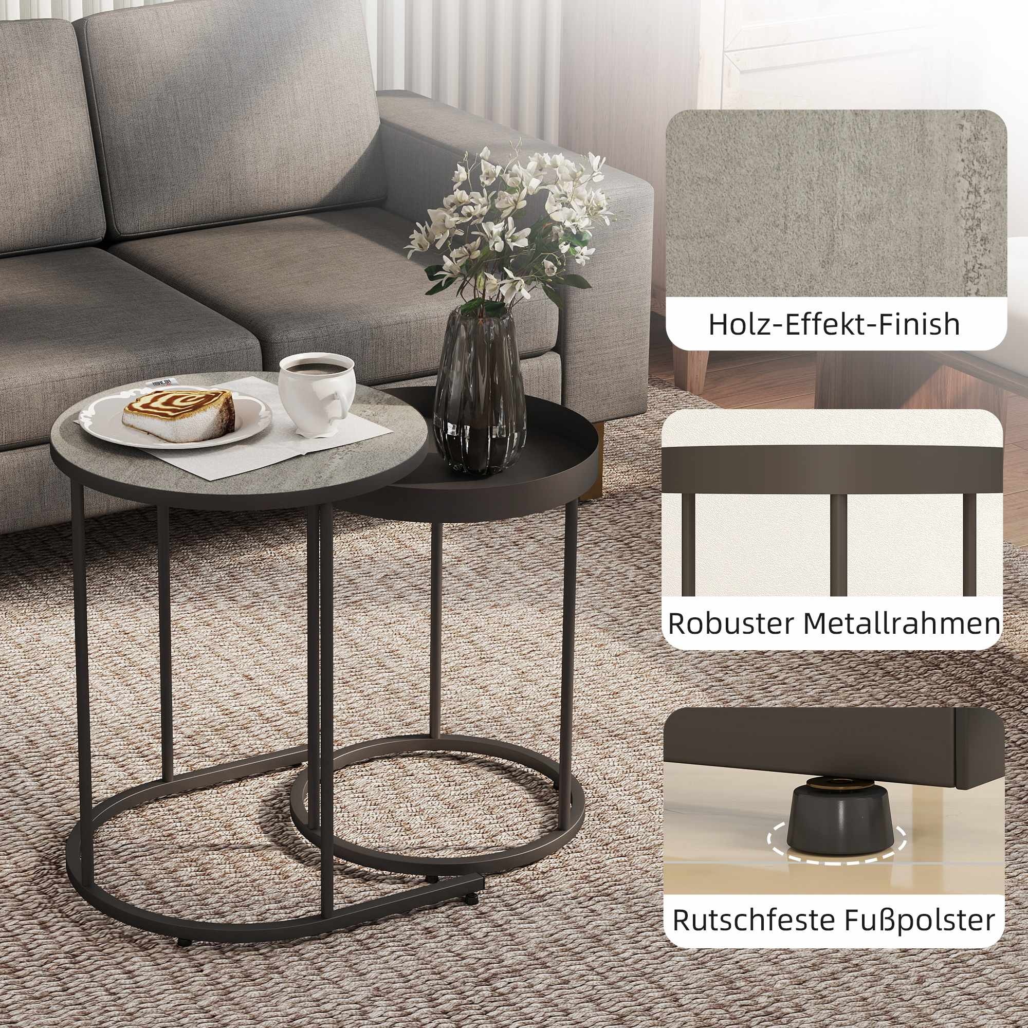 Soffbordsset med hopfällbara möbler, metallbricka, grå