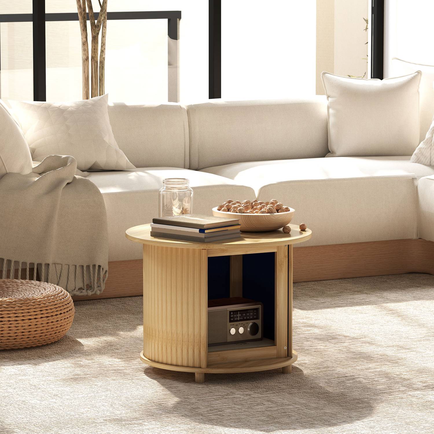 Runt soffbord i bambu med förvaring – modern design