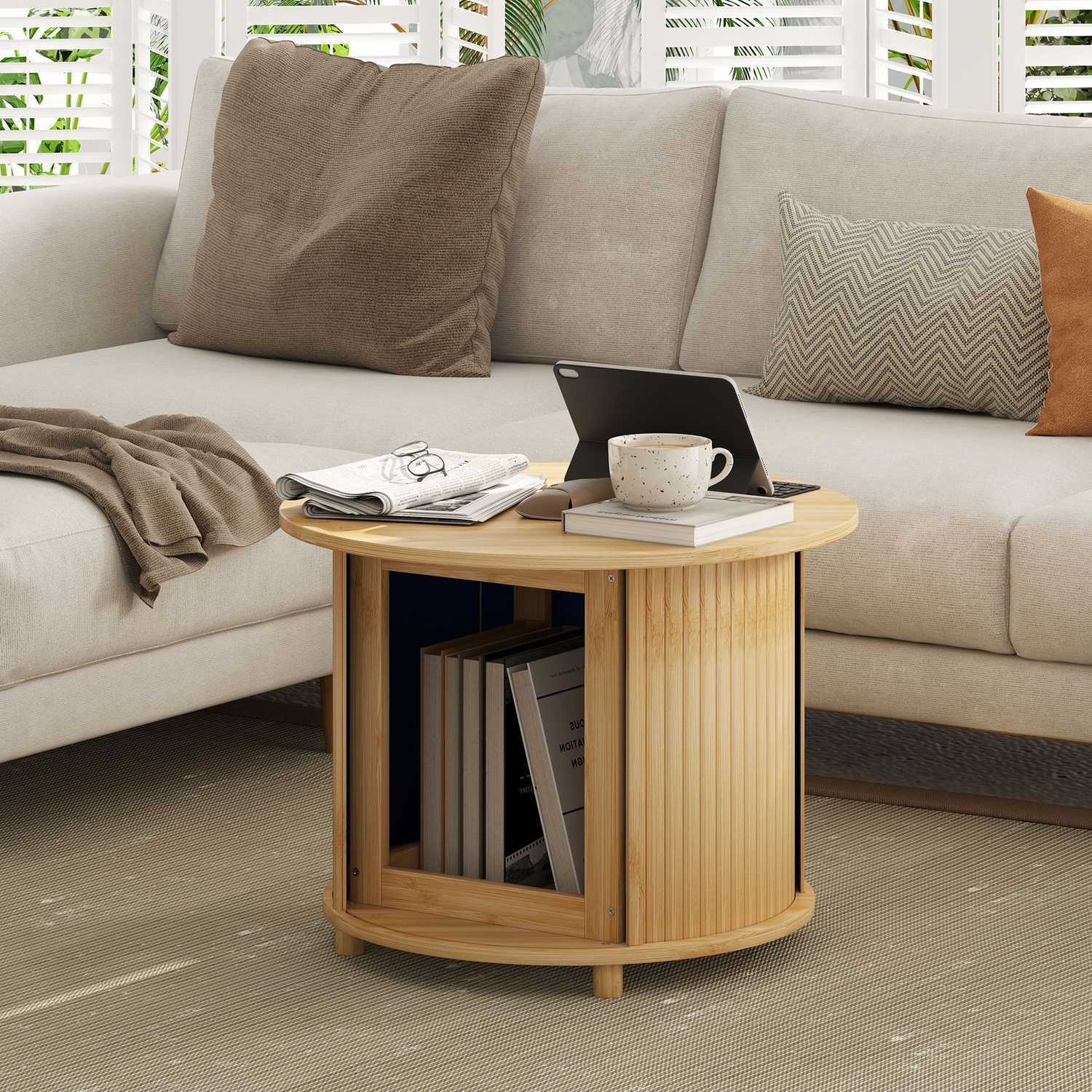 Runt soffbord i bambu med förvaring – modern design