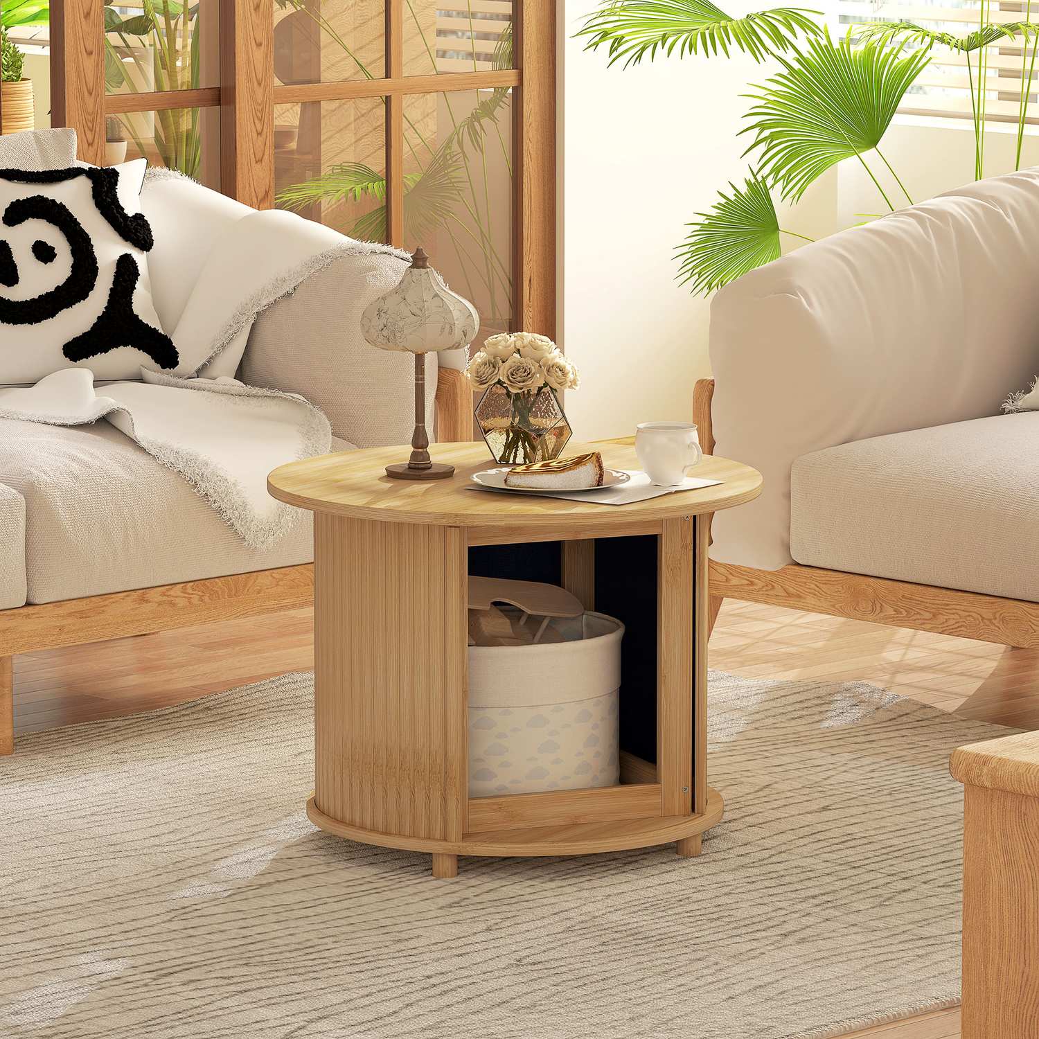 Runt soffbord i bambu med förvaring – modern design