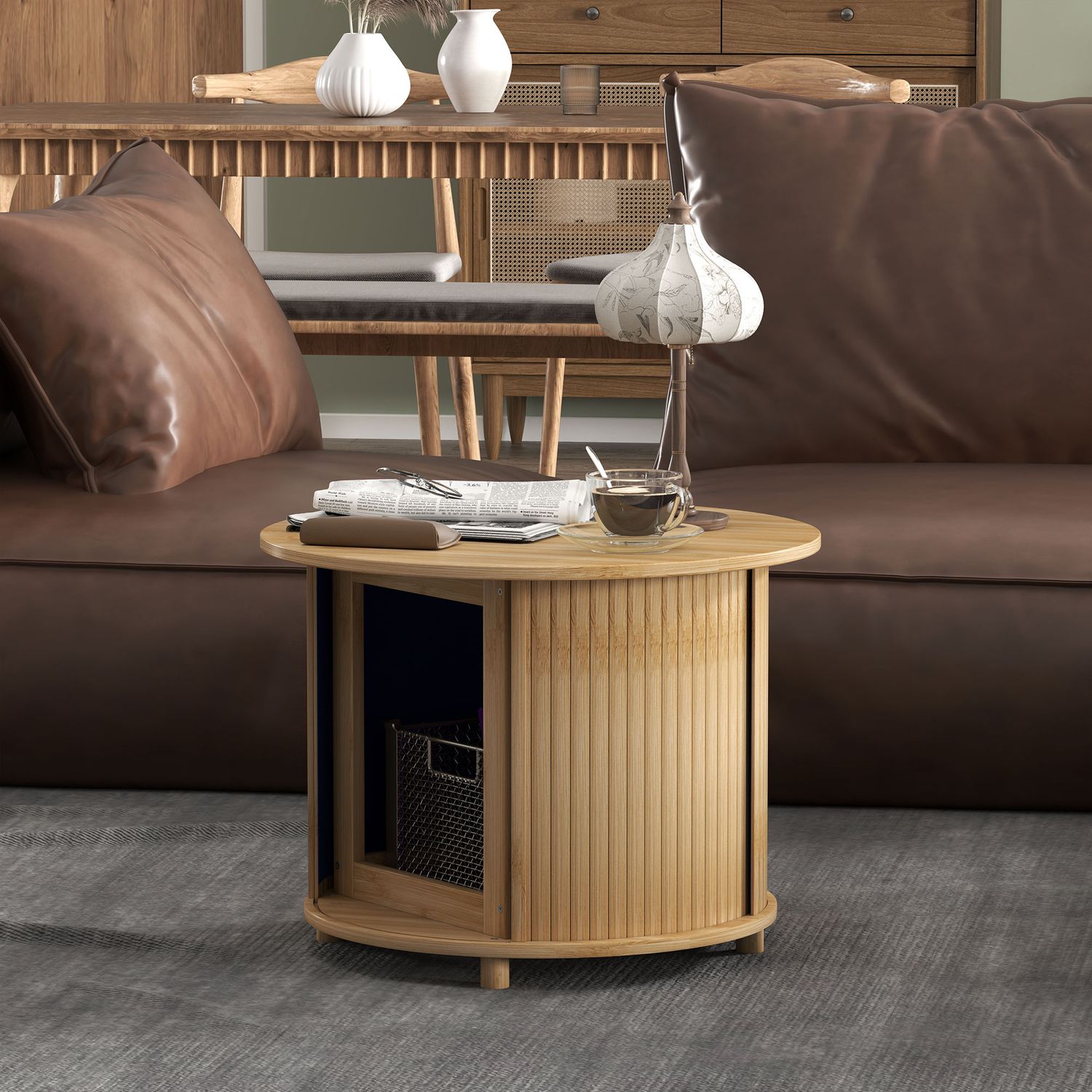 Runt soffbord i bambu med förvaring – modern design