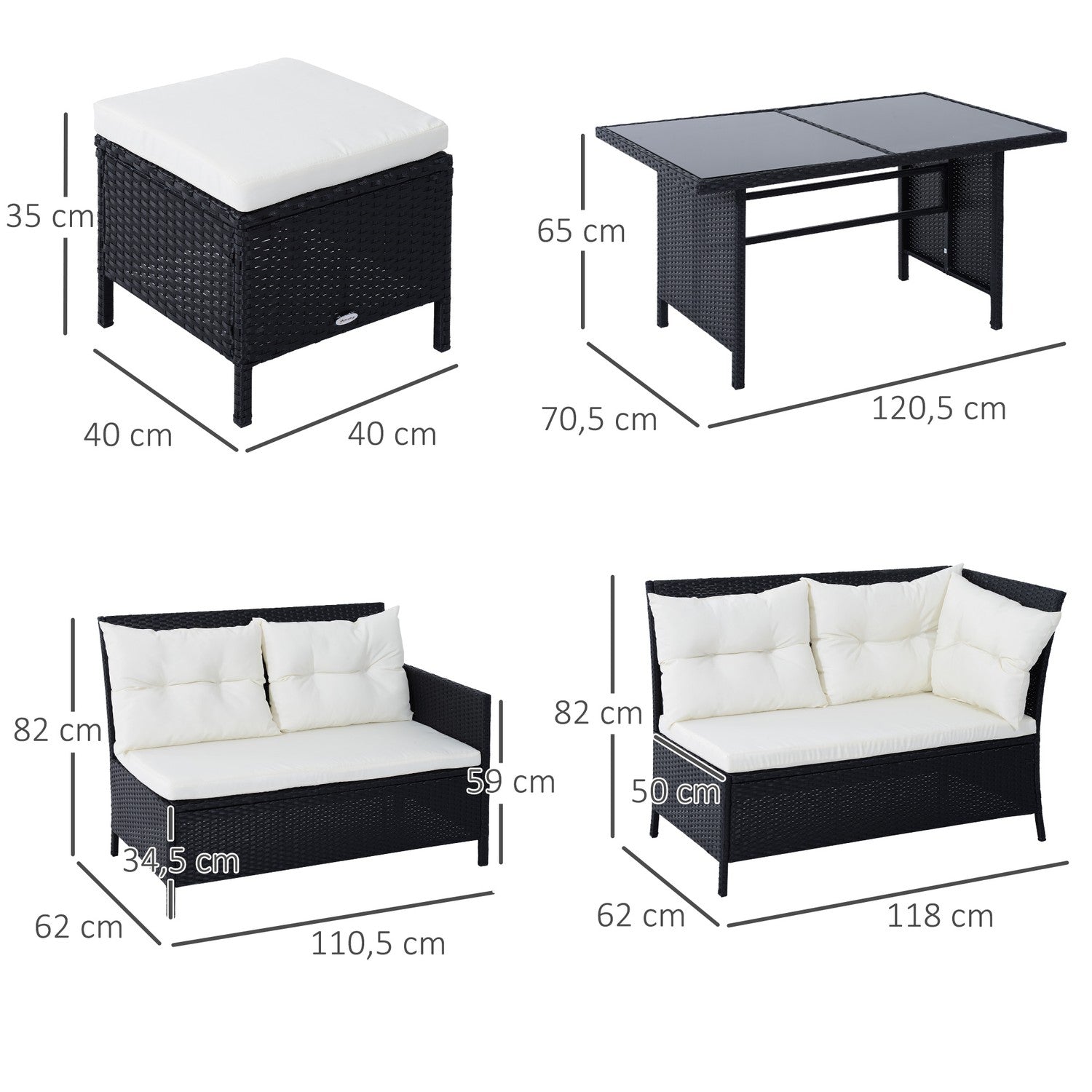 Soffset utomhus, 7 platser, polyrattan, svart/kräm/vit